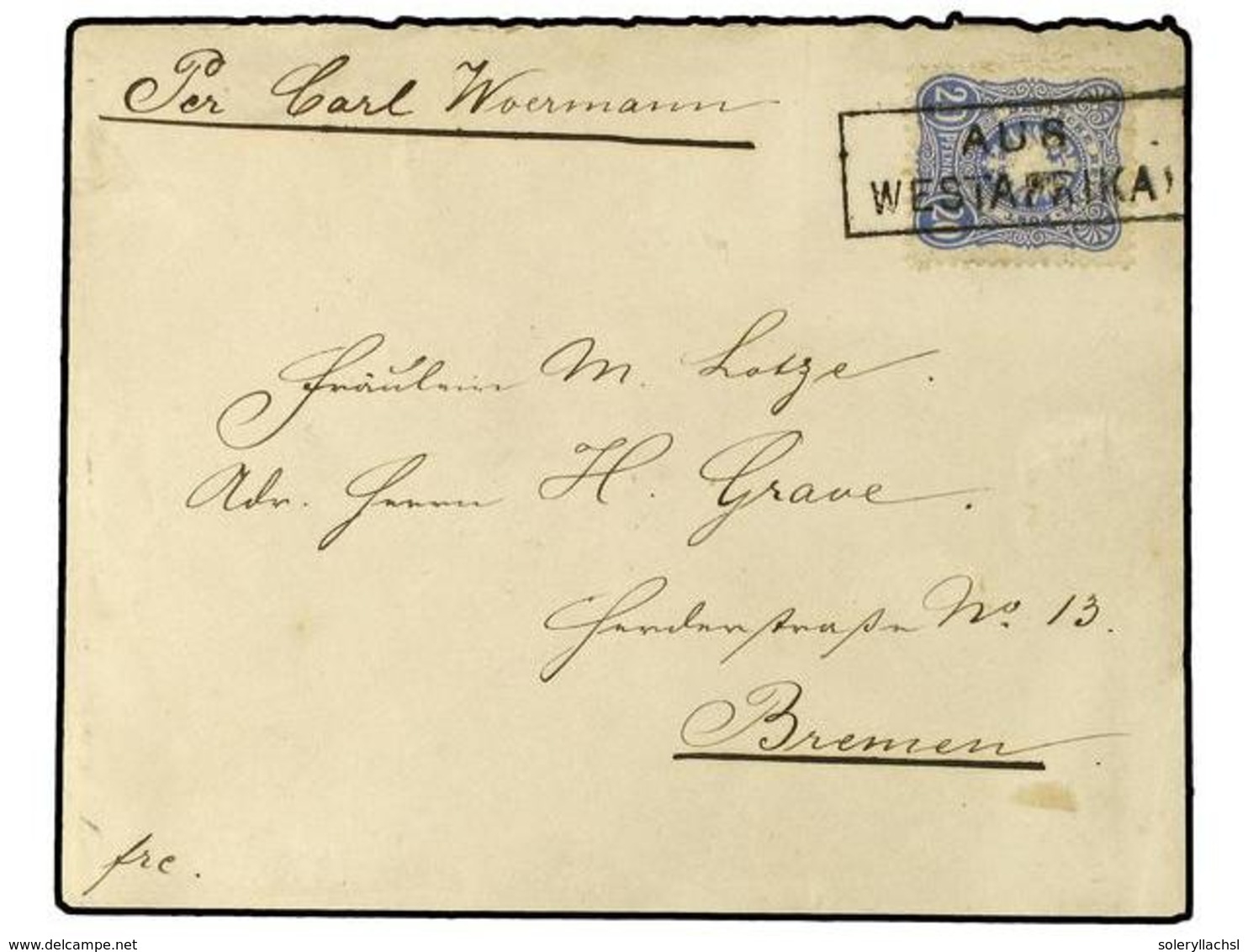 COSTA DE ORO. 1889 (Oct 11). Woerman Line Cover Endorsed From Quittah To Bremen Franked By Germany 1885  20pf.  Ultramar - Andere & Zonder Classificatie