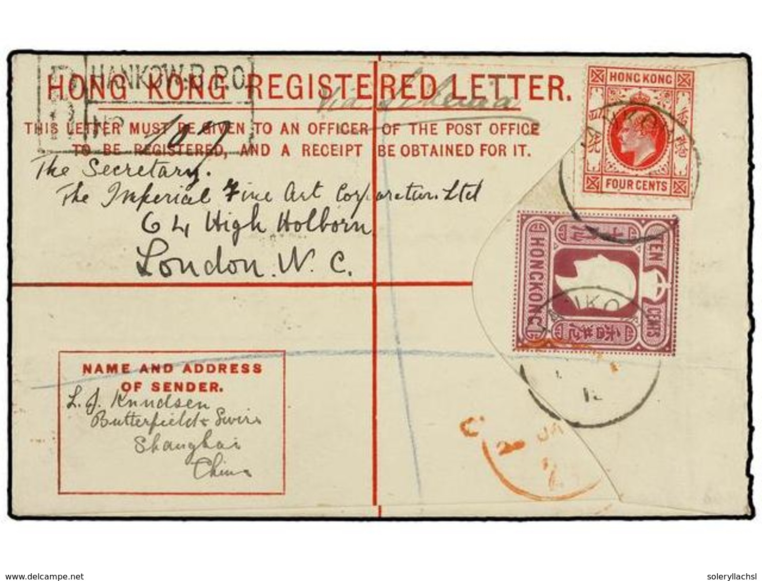 HONG KONG. 1915. Registered Postal Stationary Envelope  10 Cents  Violet Upgraded With  4 Cents  Red (SG 93) Tied By  HA - Autres & Non Classés