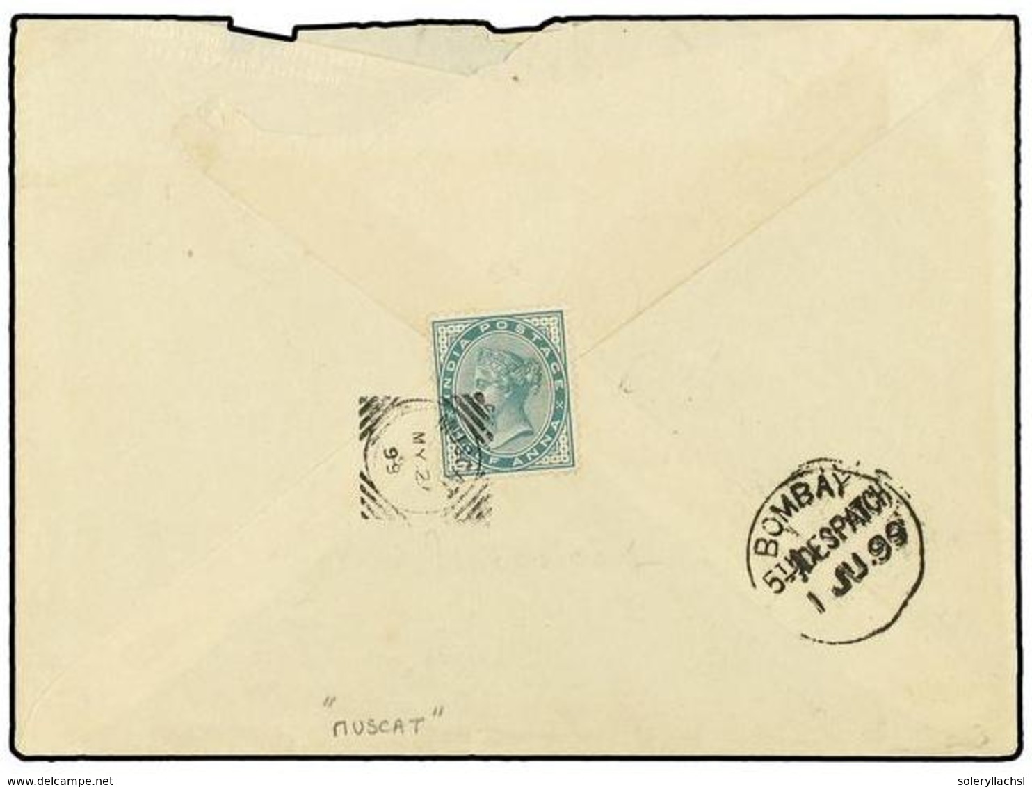 INDIA INGLESA. 1899 (May 27). Cover To Bombay Franked On Reverse With India 1882-90  ½a.  Green Tied By Good Strike Of   - Autres & Non Classés