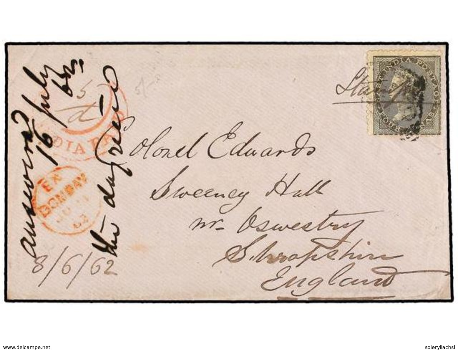 INDIA INGLESA. 1862. SECUNDERABAD To ENGLAND. Envelope Franked With  4 Annas  Black Stamp Tied By  C/56 ,  INDIA PAID  M - Autres & Non Classés