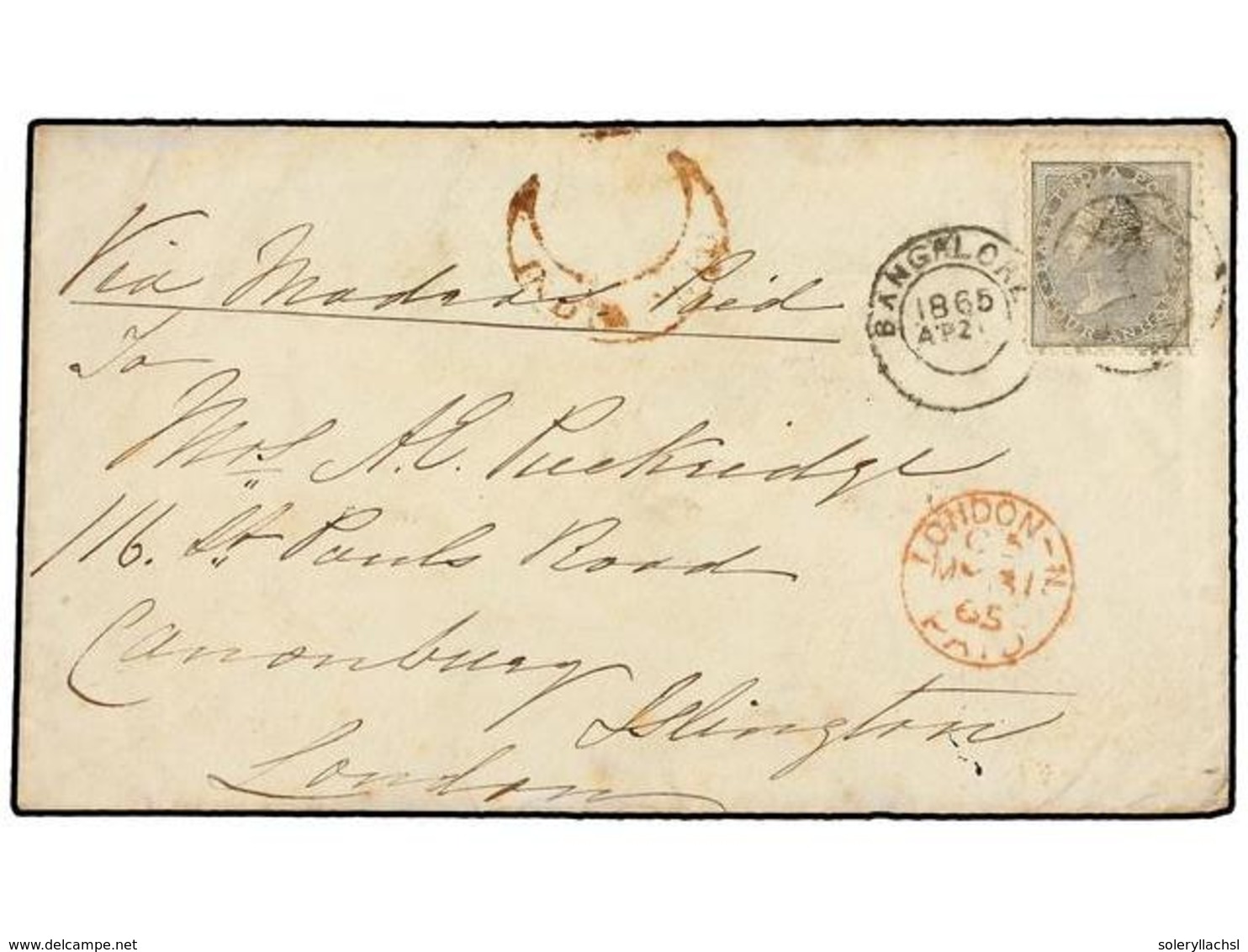 INDIA INGLESA. 1865. BANGALORE To ENGLAND. Envelope Franked With  4 Annas  Grey Stamp Tied By  BANGALORE  Duplex.  INDIA - Autres & Non Classés