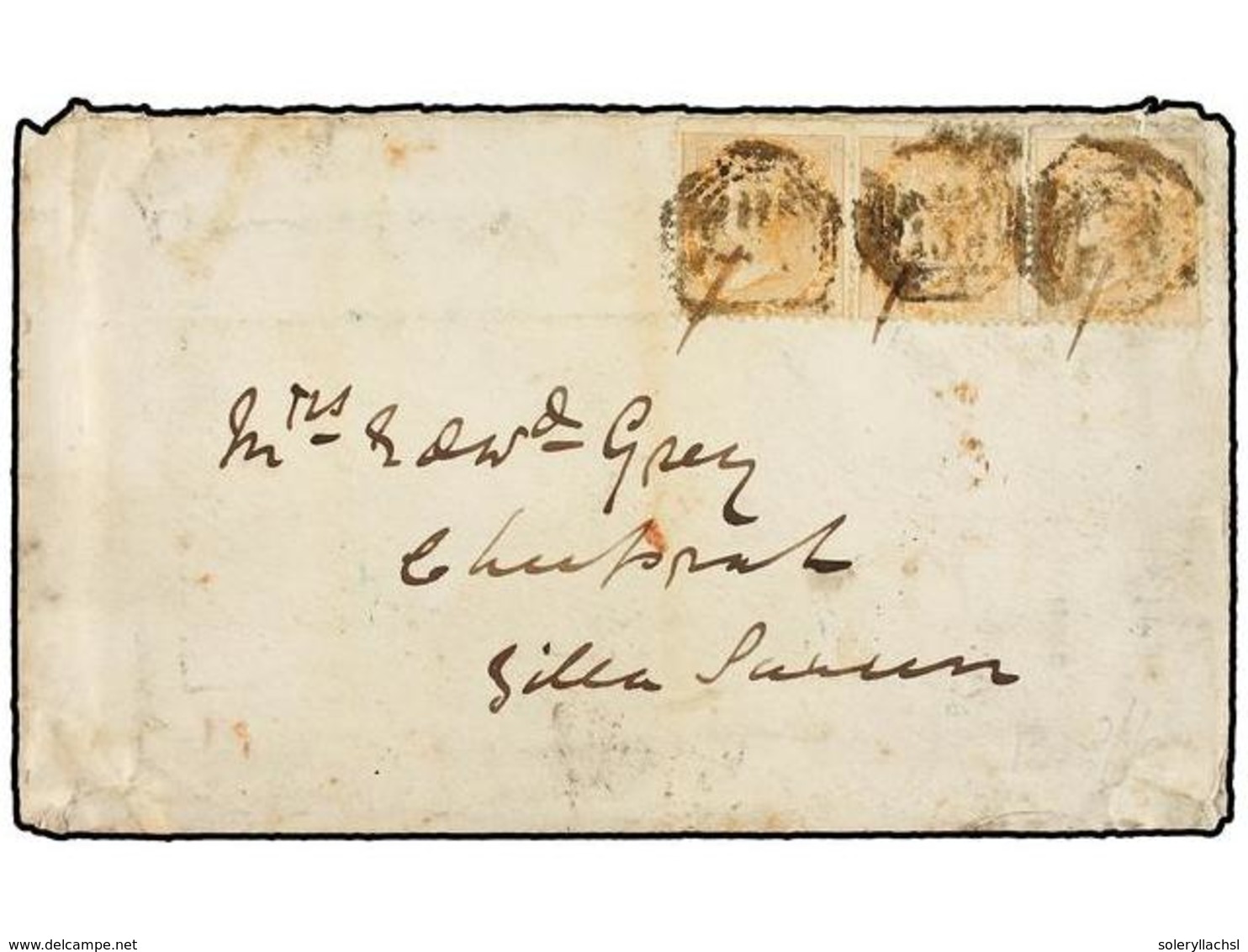 INDIA INGLESA. 1869. KISHNAGHUR. Envelope Franked With Strip Of Three  2 Annas  Orange Stamps Tied By  B/139.  Fair Enve - Altri & Non Classificati