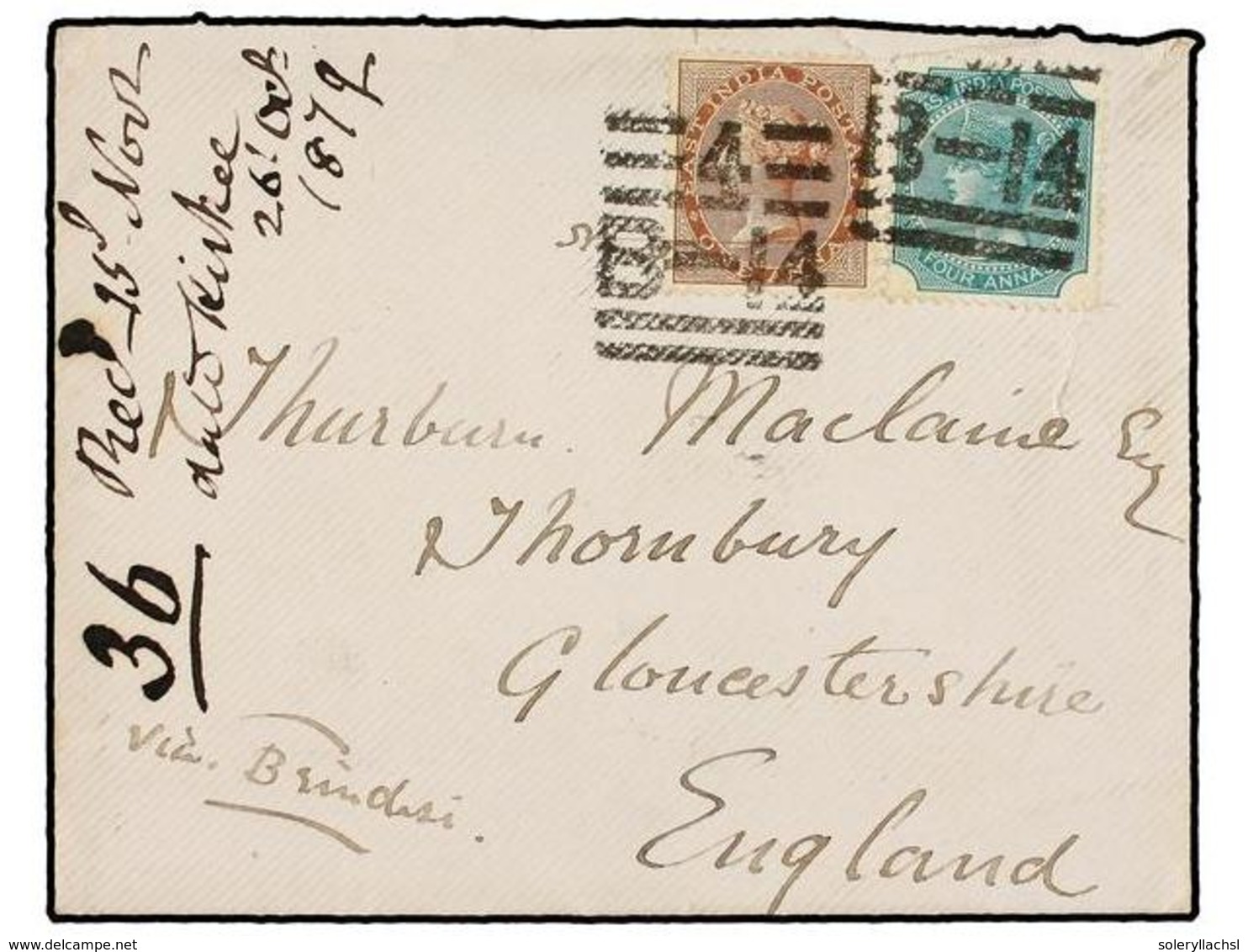 INDIA INGLESA. 1879. KIRKEE To ENGLAND. Envelope Franked With  1 Anna  Brown And  4 Annas  Green Stamps. Reverse Flap Mi - Sonstige & Ohne Zuordnung