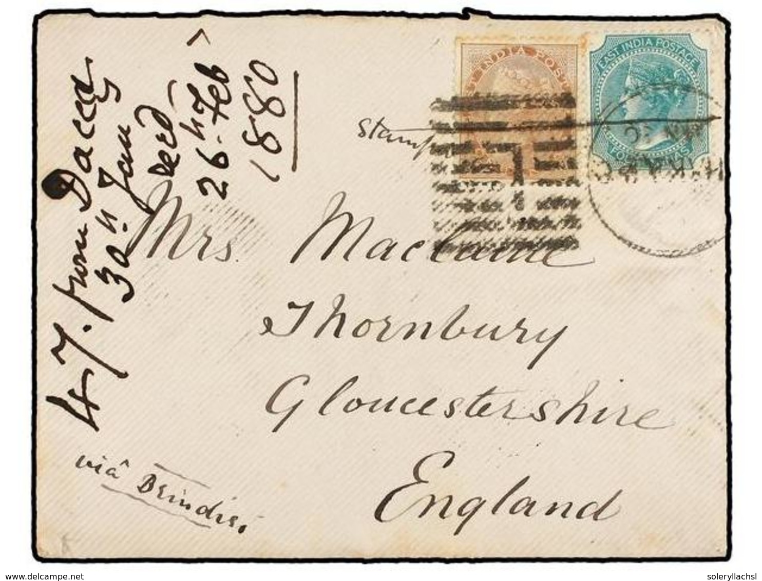 INDIA INGLESA. 1880. DACCA To ENGLAND. Envelope Franked With  1 Anna  Brown And  4 Annas  Green Stamps, Tied By  LAHORE  - Altri & Non Classificati