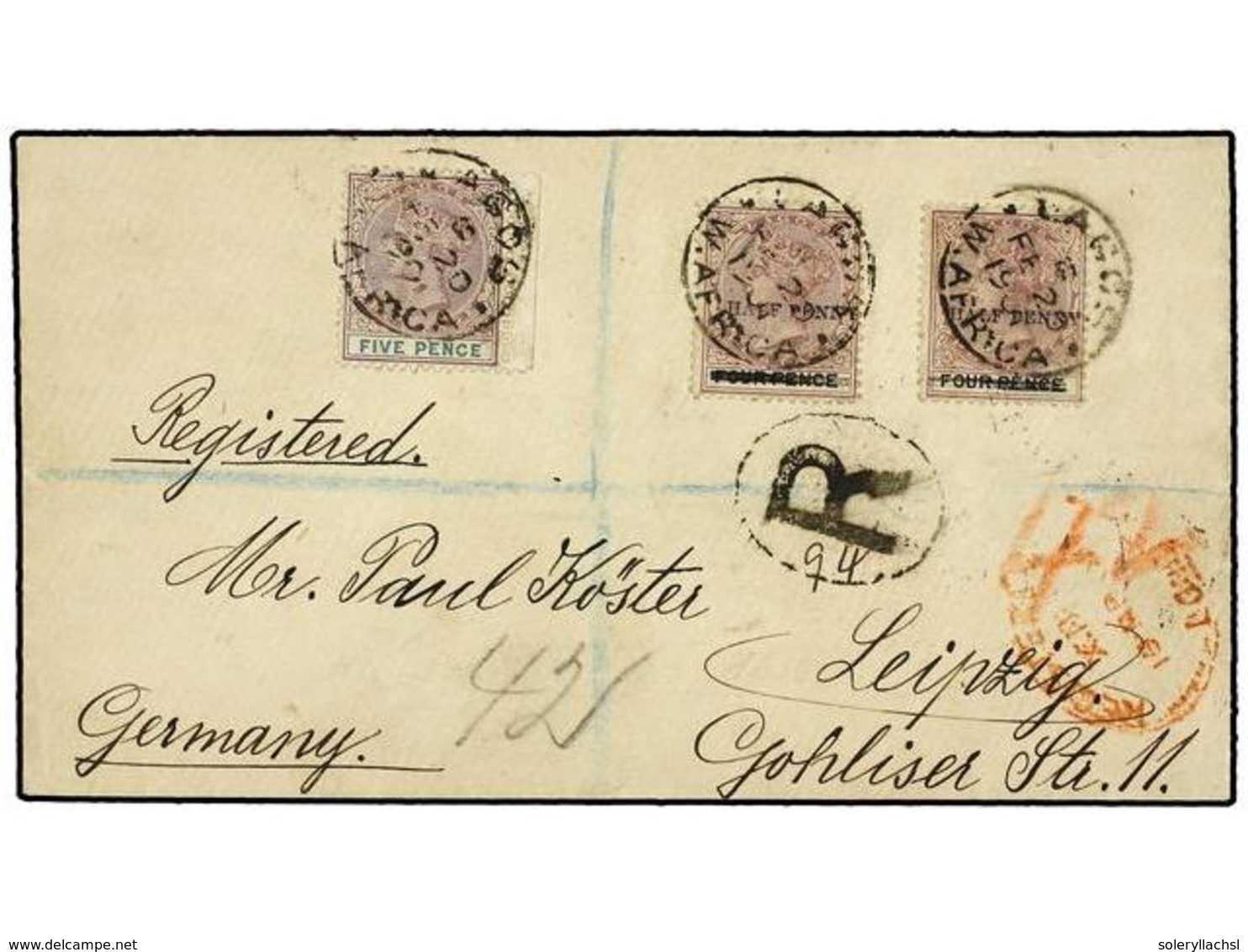 LAGOS. 1901 (20 Febrero). Envelope Registered To GERMANY, Bearing 1893  1/2 D.   On 4 D.  (2) And 1894  5 D.  Dull Mauve - Altri & Non Classificati