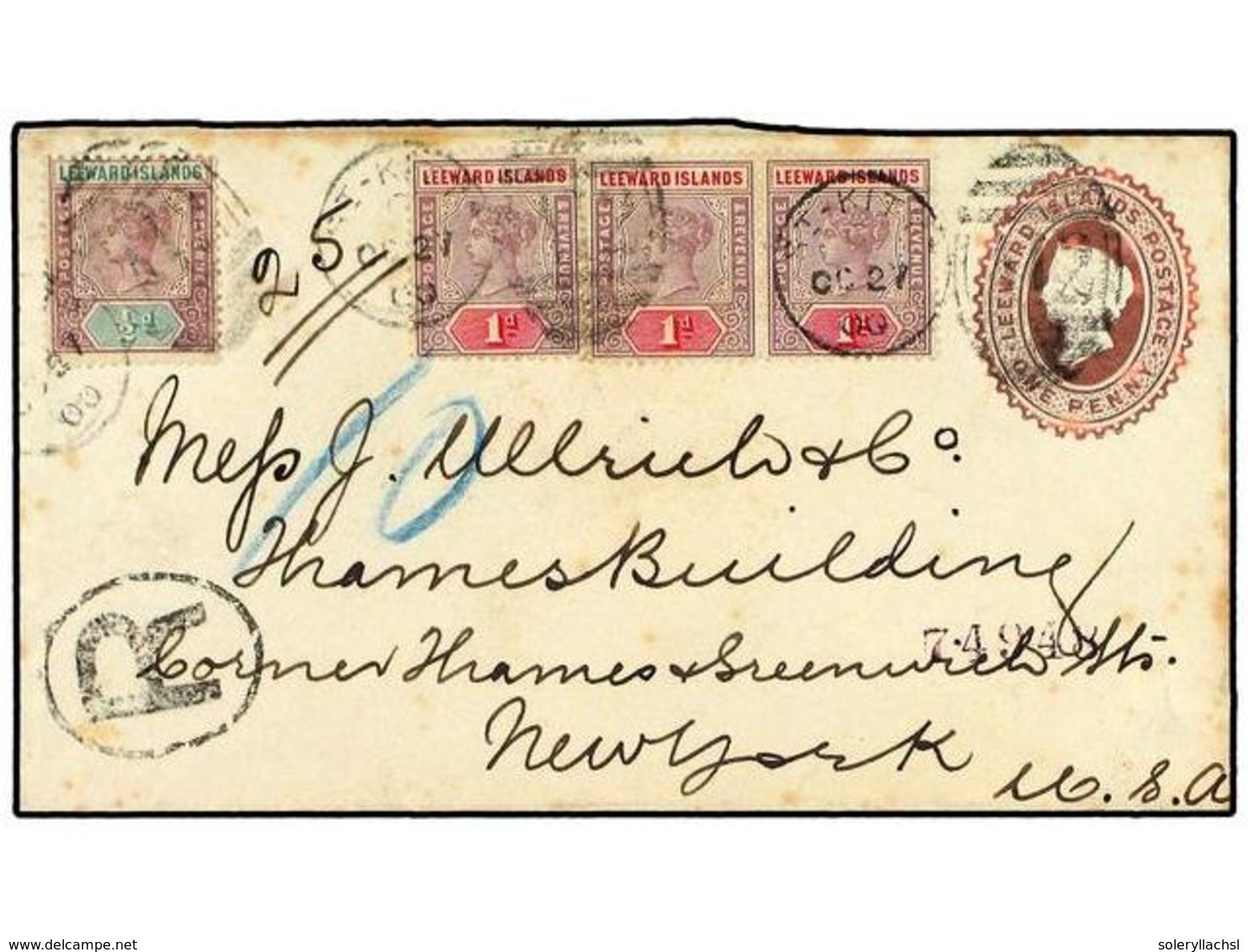 LEEWARD. 1900.  1 D.  Postal Stationery Envelope Bearing  1/2 D. & 1 D. X3  Of Leewards Cancelled By The  ST KITTS/A12   - Altri & Non Classificati