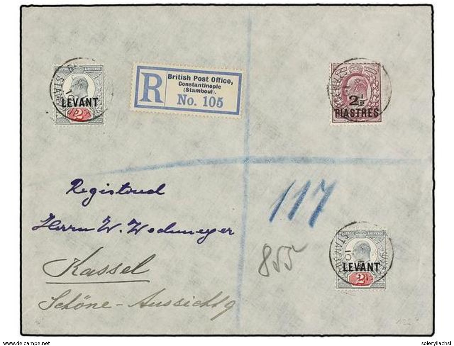 LEVANTE: CORREO INGLES. Sg.24, L4 (2). 1910. CONSTANTINOPLE To GERMANY.  2 D.  Green And Red (2) And  2 1/2 Piastres   O - Altri & Non Classificati