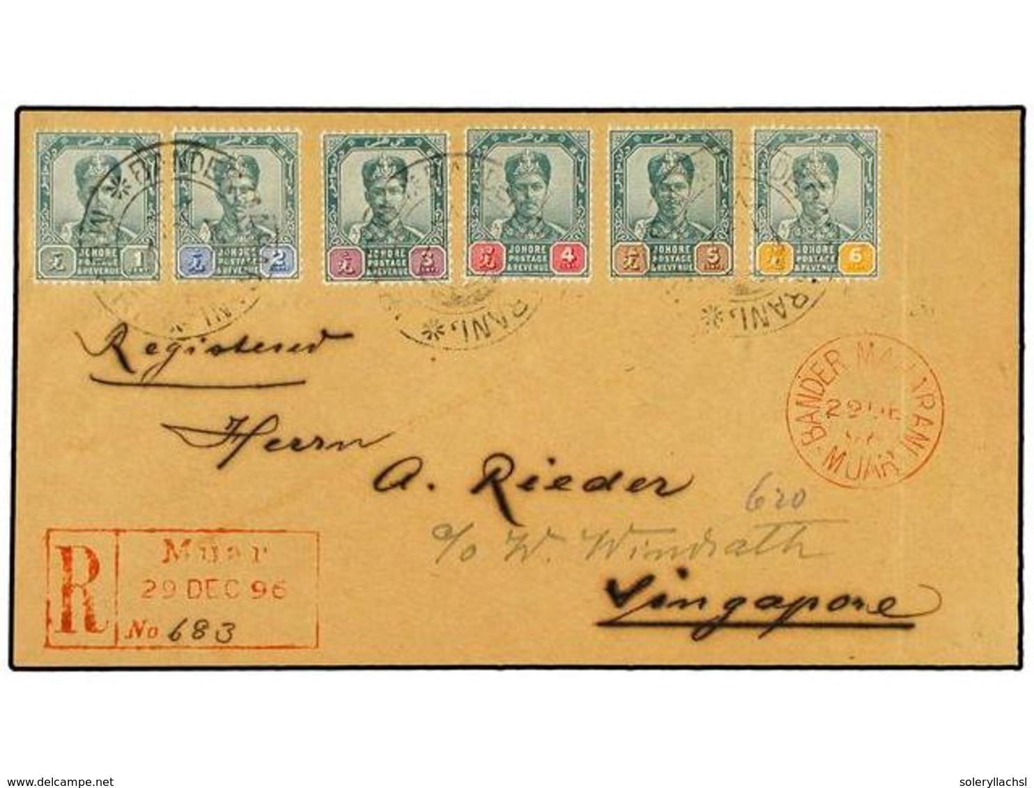 MALAYA: JOHORE. 1896. Registered Cover Used To SINGAPORE Bearing JOHORE  1 C. - 6 C.  (SG 39-45) Cancelled By The  BANDE - Autres & Non Classés