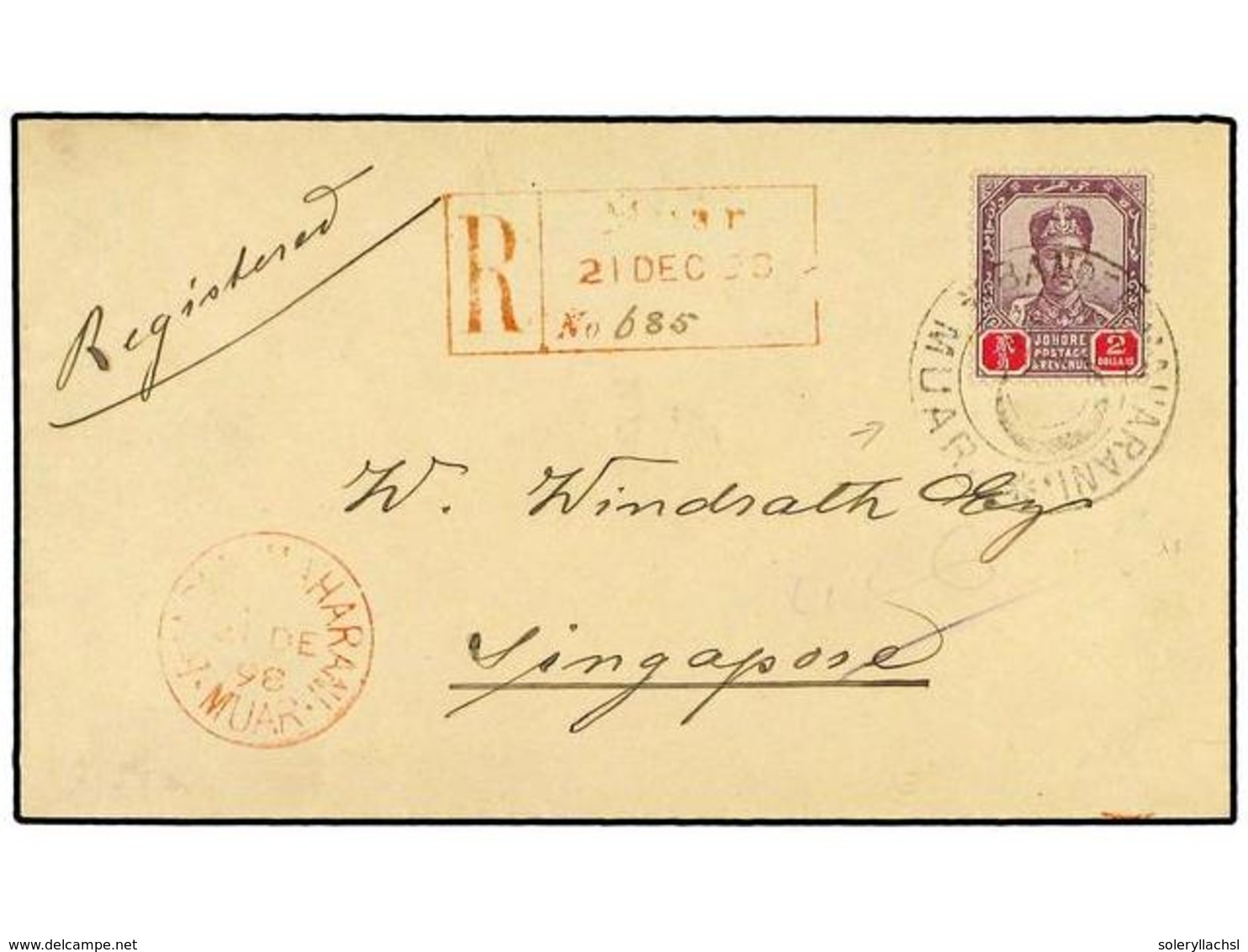 MALAYA: JOHORE. 1898. Registered Cover To SINGAPORE Franked By Single 1898  $ 2  Dull Purple & Carmine, SG 50, Tied By   - Sonstige & Ohne Zuordnung