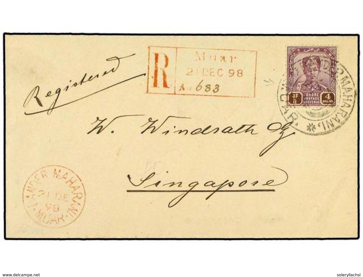 MALAYA: JOHORE. 1898. Registered Cover To SINGAPORE Franked By Single 1898  $ 4  Dull Purple & Brown, SG 52, Tied By  MU - Autres & Non Classés