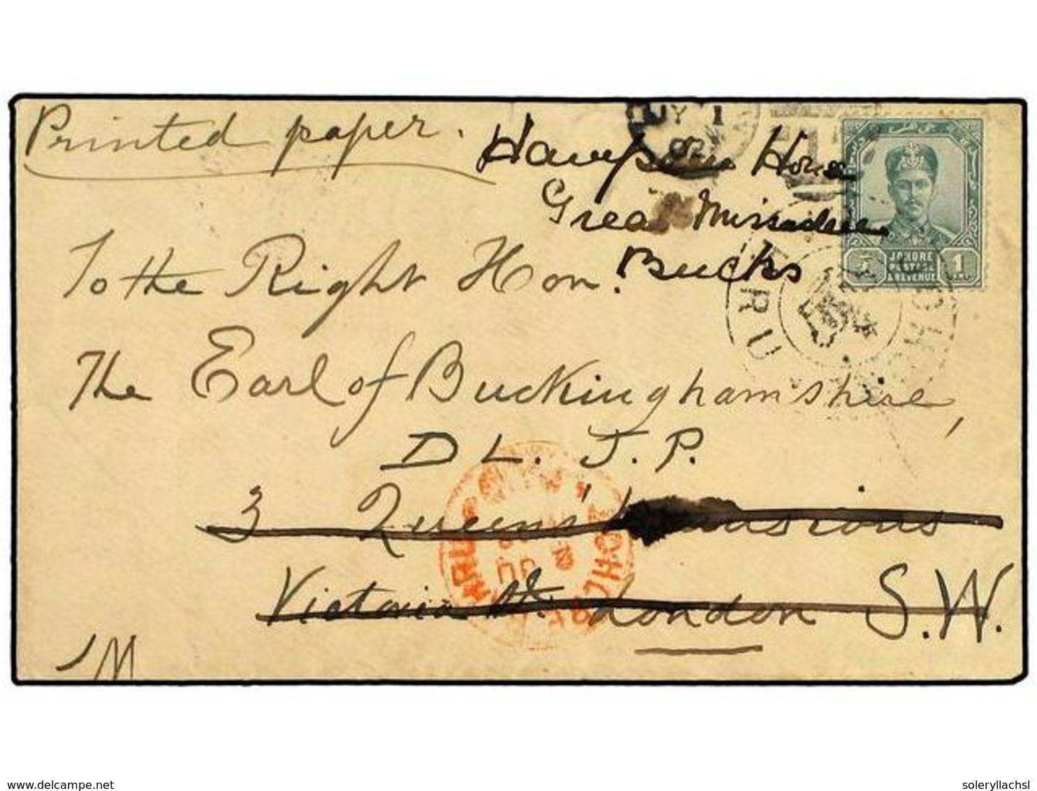 MALAYA: JOHORE. 1902. Printed Matter Rate Cover To The Earl Of Buckinghamshire In LONDON, Franked By Single 1896  1 C.   - Autres & Non Classés