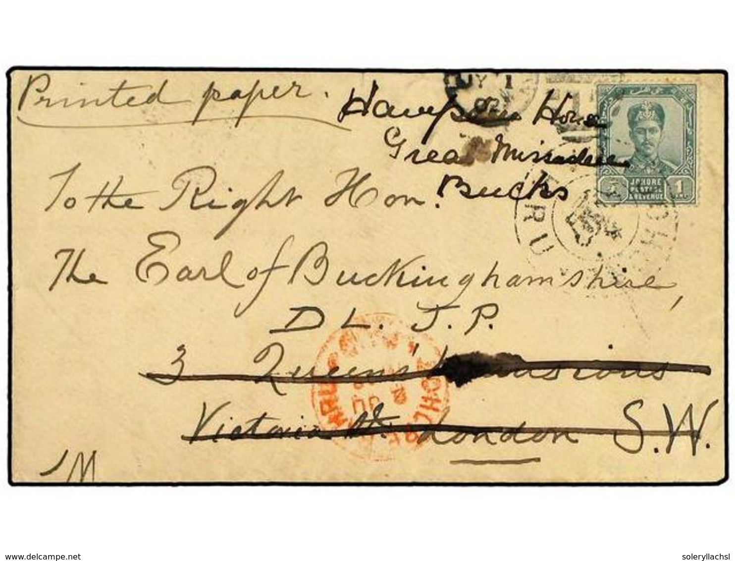 MALAYA: JOHORE. 1902. Printed Matter Rate Cover To The Earl Of Buckinghamshire In LONDON, Franked By Single 1896  1 C.   - Sonstige & Ohne Zuordnung