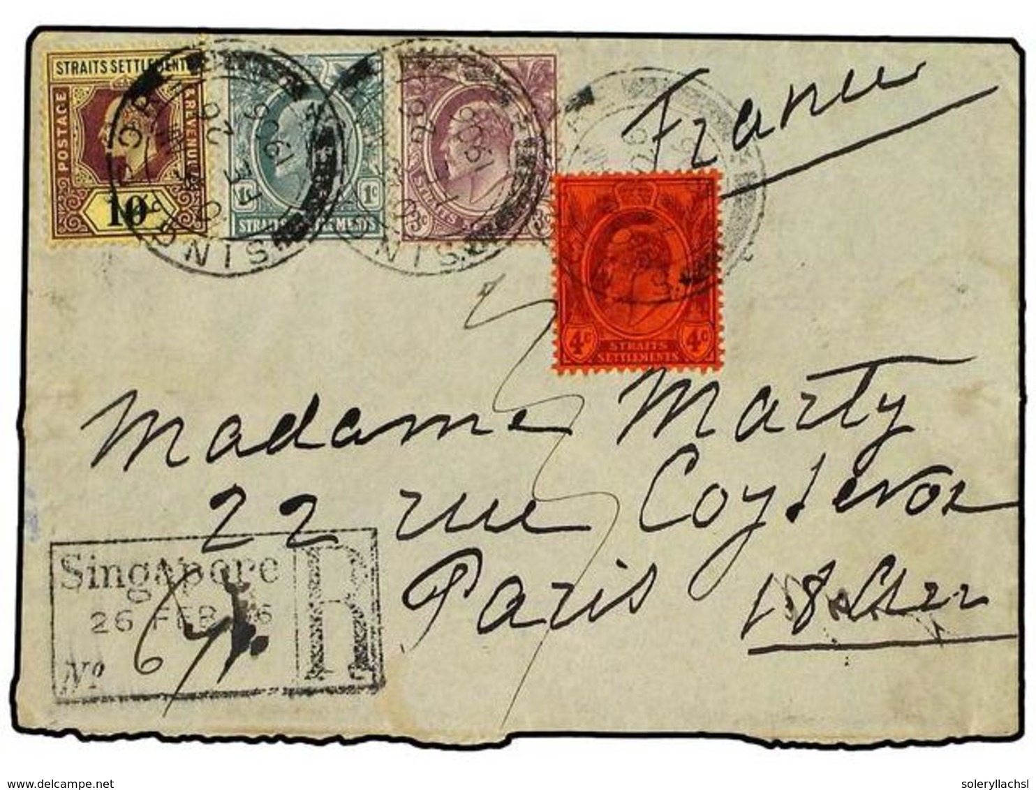 STRAITS SETTLEMENTS. 1906. Registered Cover To PARIS With 1902-06  10 C.  Purple And Black On Yellow,  1 C.  Green,  3 C - Andere & Zonder Classificatie