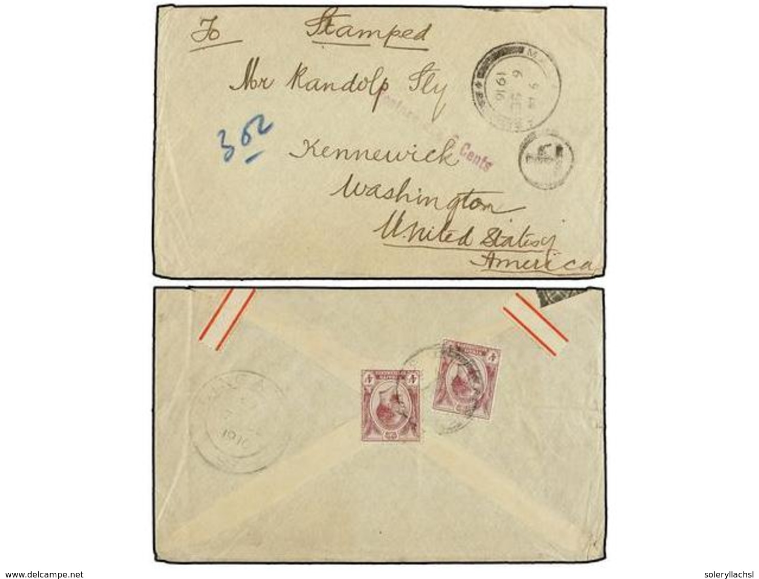 MALAYA. 1916. MALACCA To U.S.A. Envelope Franked With Two  4 Cents.  Lilac, Taxed On Arrival With  POSTAGE DUE 6 CENTS   - Andere & Zonder Classificatie