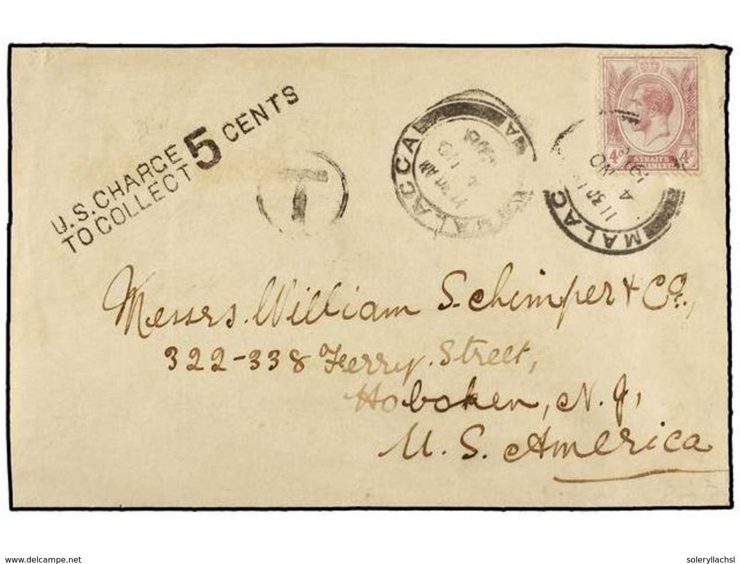 MALACCA. 1918. MALACCA To USA. Envelope Franked With  4 Cts.  Lilac Stamp Taxed On Arrival With  US. CHARGE/TO COLLECT/5 - Autres & Non Classés