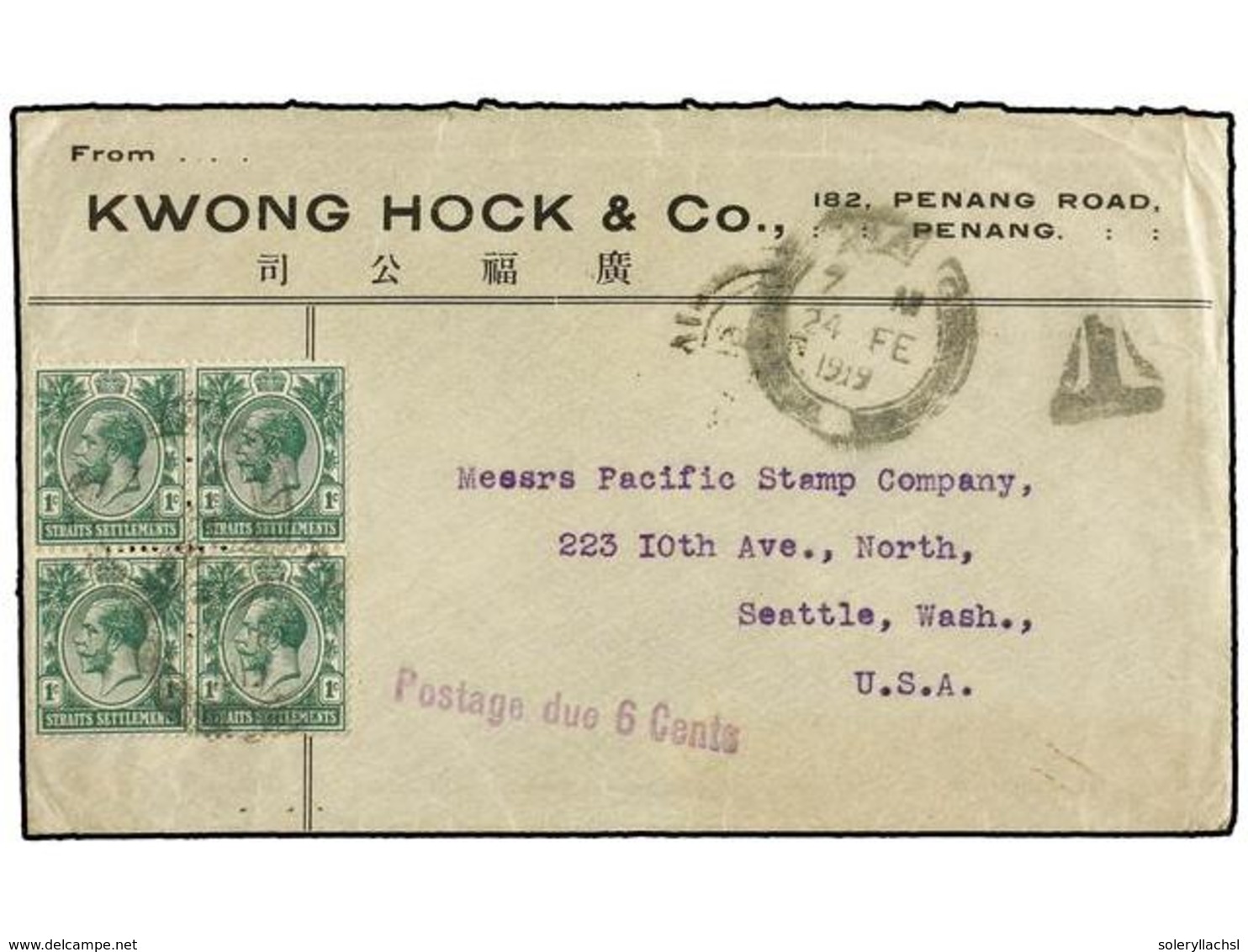 MALAYA. 1919. PENANG To USA. Envelope Franked With Four  1 Cto.  Green Stamps, Taxed On Arrival With  POSTAGE DUE 6 CENT - Autres & Non Classés