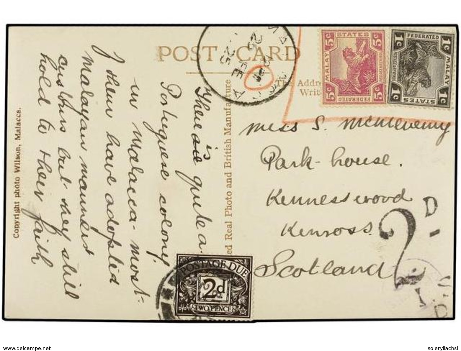 MALAYA. 1925. MALACCA To SCOTLAND. Postcard Franked With Federated Malay States  1 Cto.  Black And  5 Cts.  Lilac Stamps - Autres & Non Classés