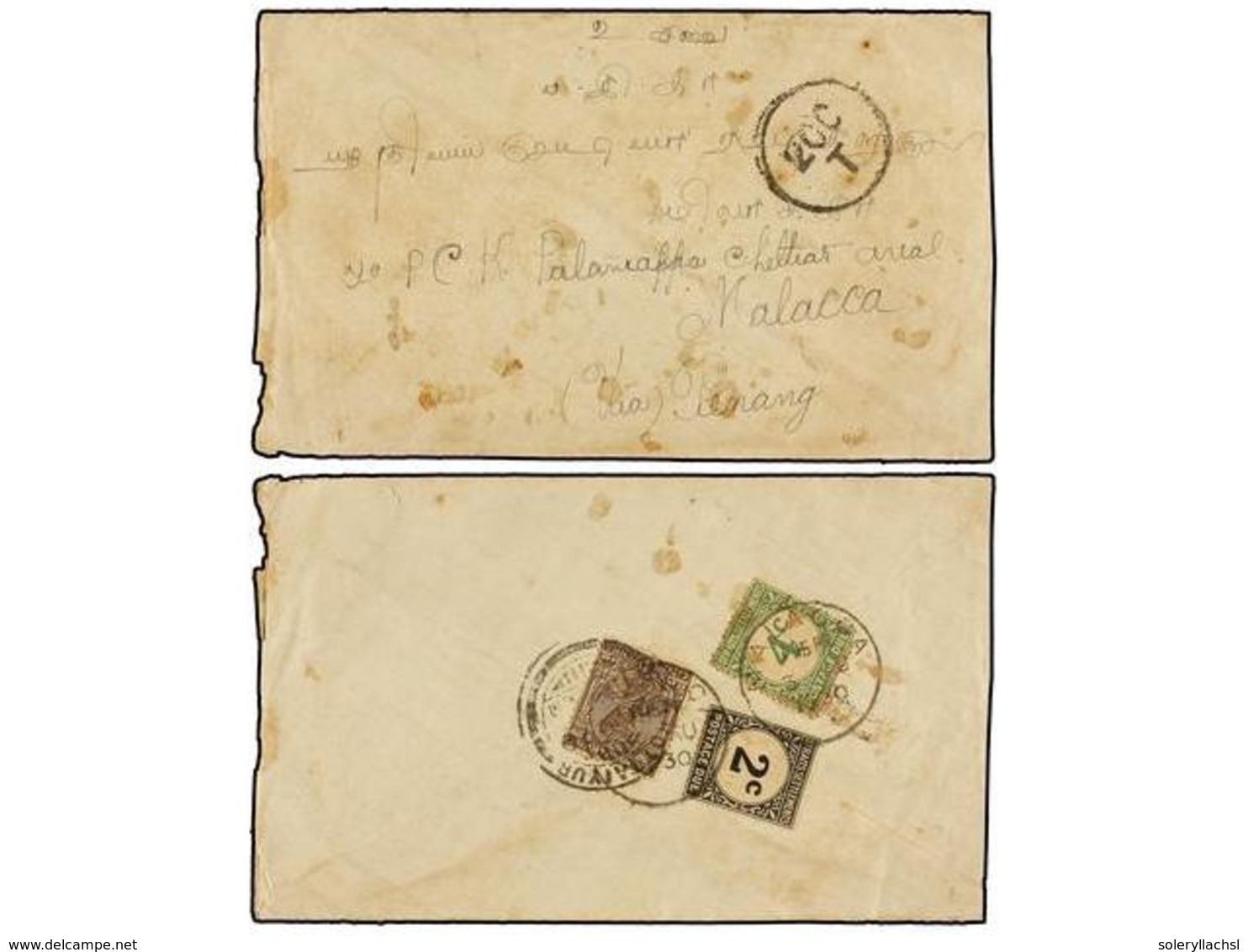 MALAYA. 1930. KOTTAIYUR (India) To MALACCA. Envelope Franked With  1 Anna  Brown Stamp, Taxed On Arrival With Straits Se - Altri & Non Classificati