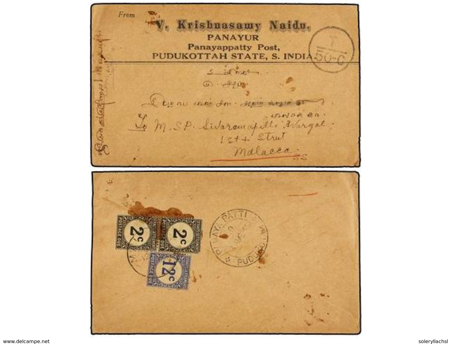 MALAYA. 1932. PANAYK PATTI (India) To MALACCA. Envelope Sent Unfranked, Taxed On Arrival With Straits Settlements  2 Cts - Altri & Non Classificati