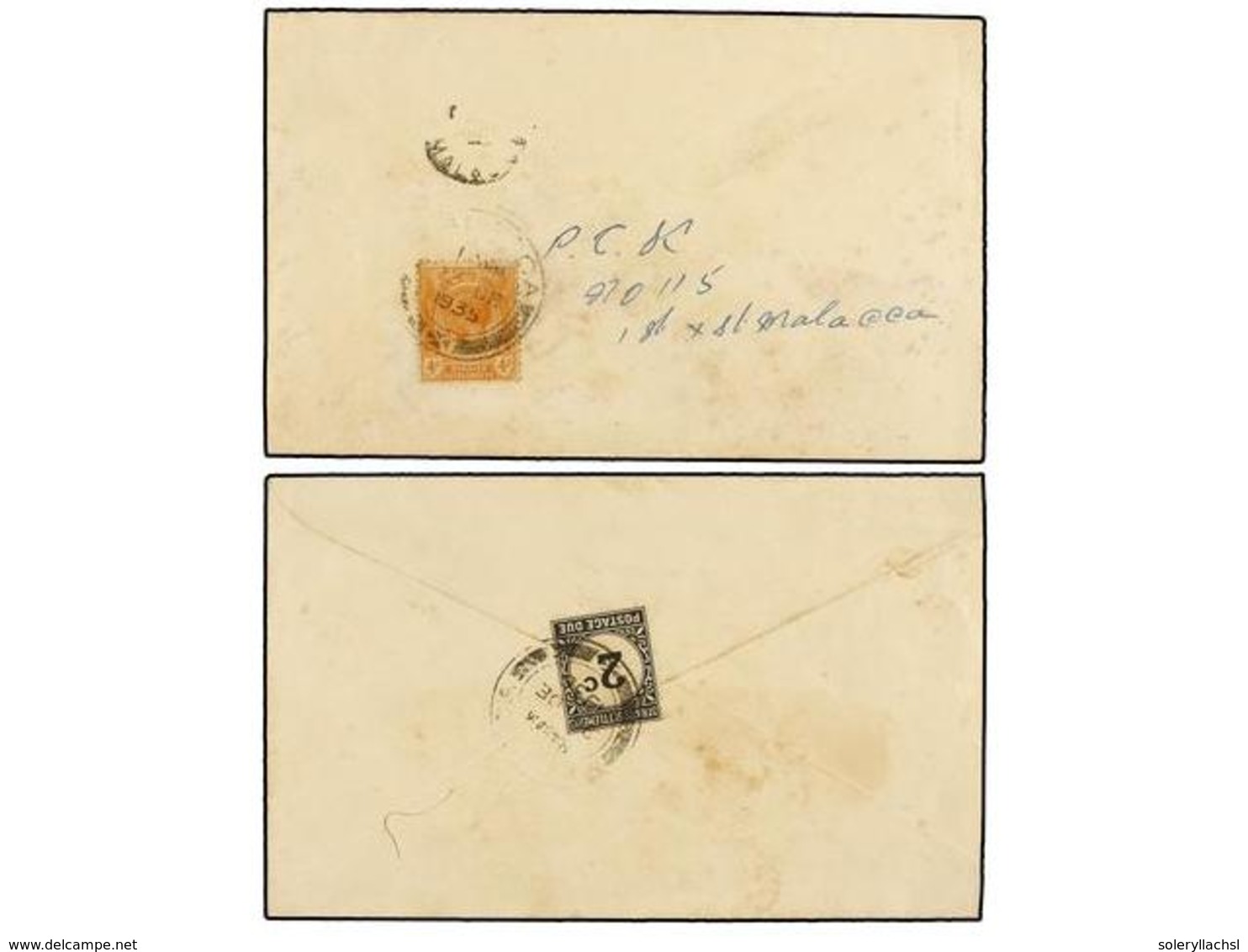 MALAYA. 1935. MALACCA LOCAL. Envelope Franked With  4 Cts.  Orange On Front  T/MALACCA  (poor), Taxed On Arrival With St - Other & Unclassified