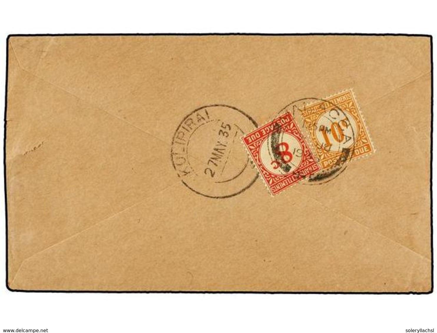 MALAYA. 1935. KULIPIRAI To MALACCA. Envelope Sent Unfranked Taxed On Arrival With Straits Settlements  8 Cts.  Red And   - Autres & Non Classés