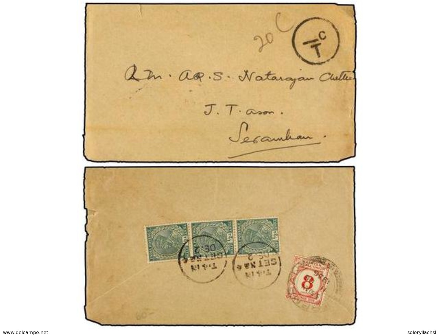 MALAYA. 1936. INDIA To SEREMBAN (Negri Sembilan, Malaya). Envelope Franked With Three  1/2 Anna  Green Stamps, Taxed On  - Andere & Zonder Classificatie