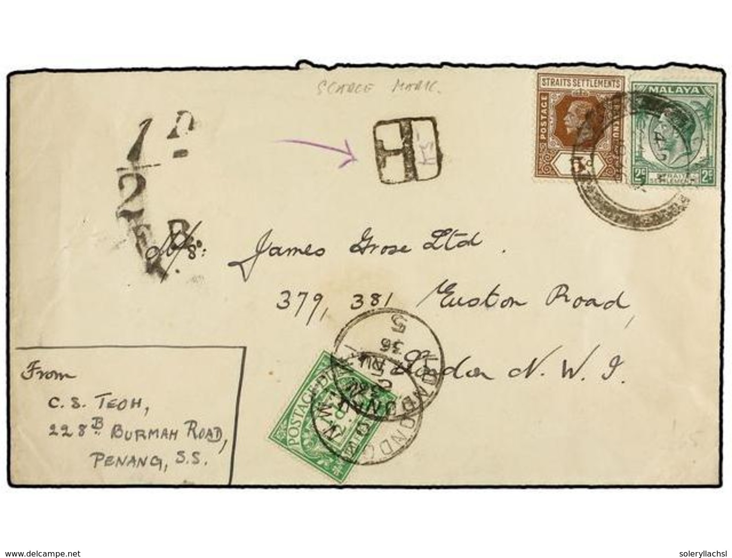 MALAYA. 1936. PENANG To LONDON. Envelope Franked With  2 Cts.  Green And  5 Cts.  Brown Stamps, Taxed On Arrival With Br - Altri & Non Classificati