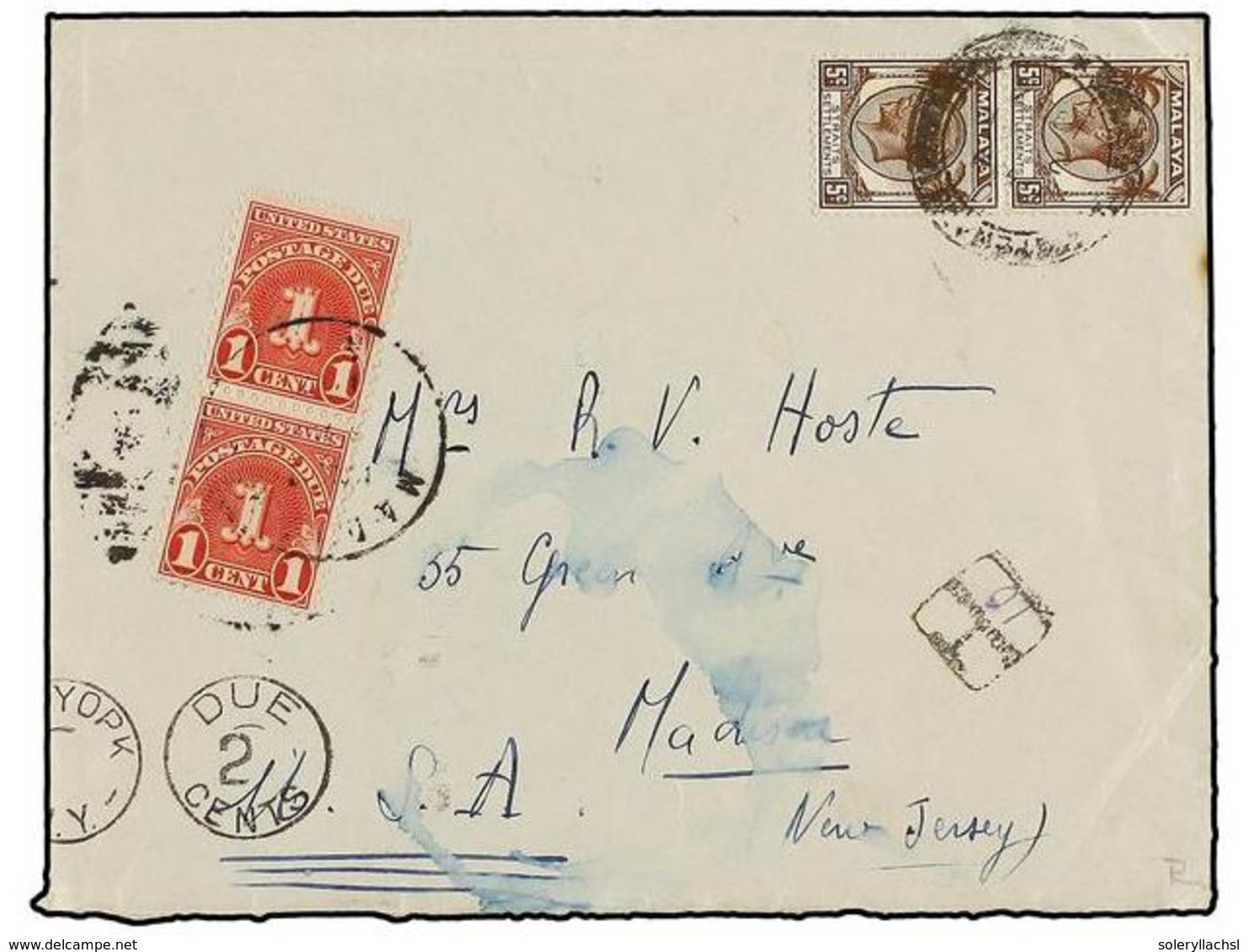 MALAYA. 1937. PENANG To USA. Envelope Franked With Two  5 Cts.  Brown Stamps, Taxed On Arrival With Two USA  1 Cent.  Re - Autres & Non Classés