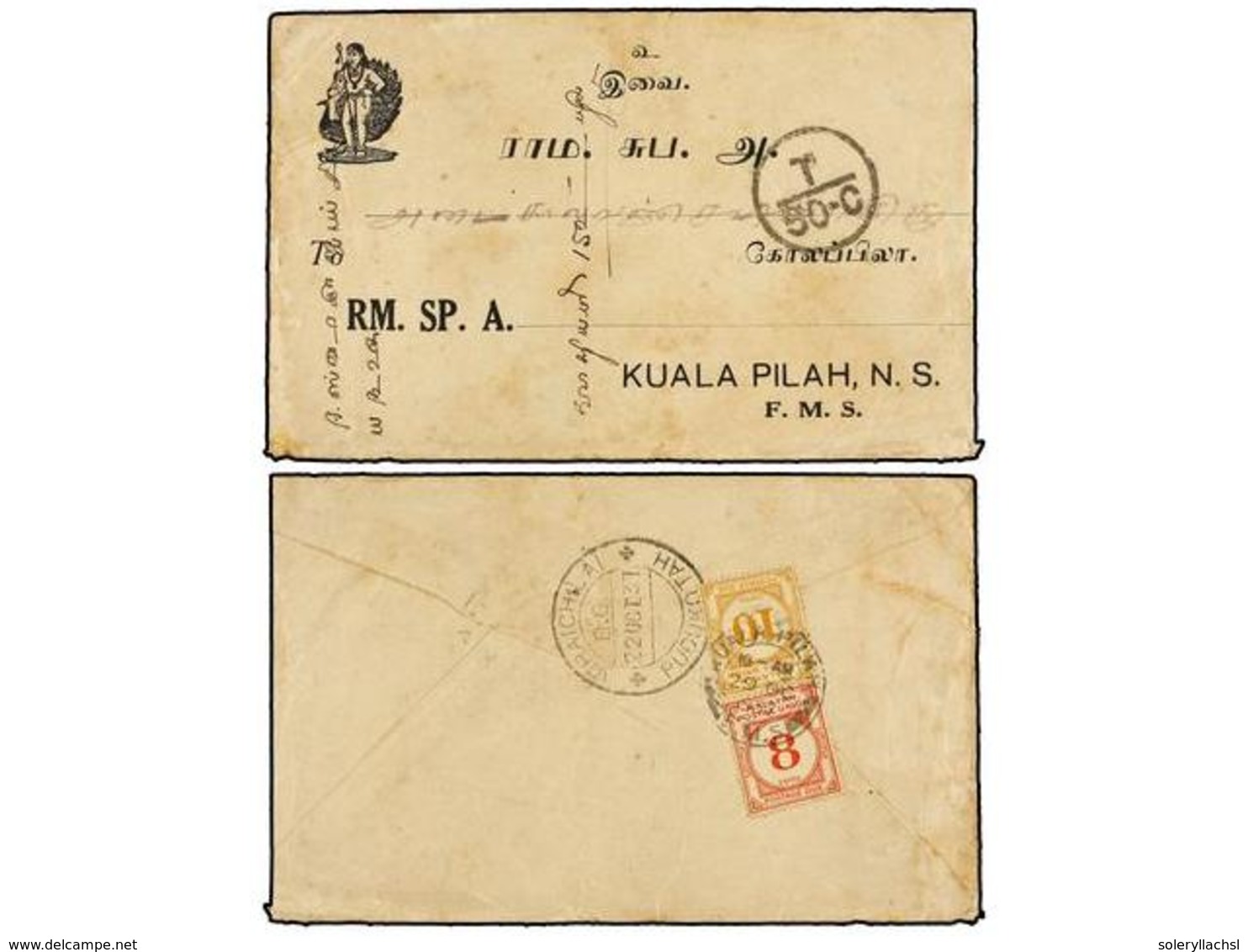MALAYA. 1937. VIRAICHILAI (India) To KUALA PILAH (Negri Sembilan, Malaya). Envelope Sent Unfranked Taxed On Arrival With - Autres & Non Classés