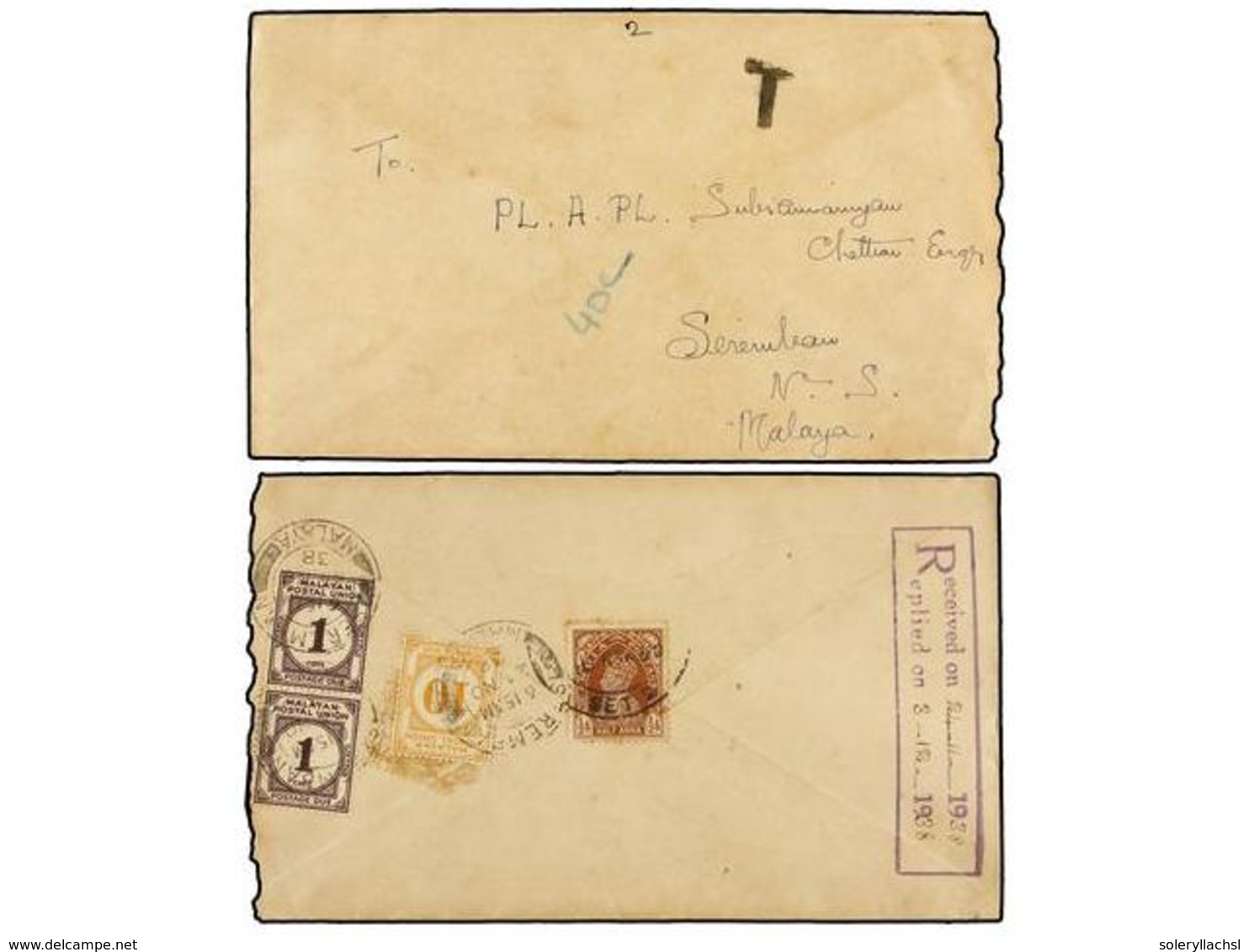 MALAYA. 1938. INDIA To SEREMBAN (Negri Sembilan, Malaya). Envelope Franked With  1/2 Anna  Stamp, Taxed On Arrival With  - Autres & Non Classés