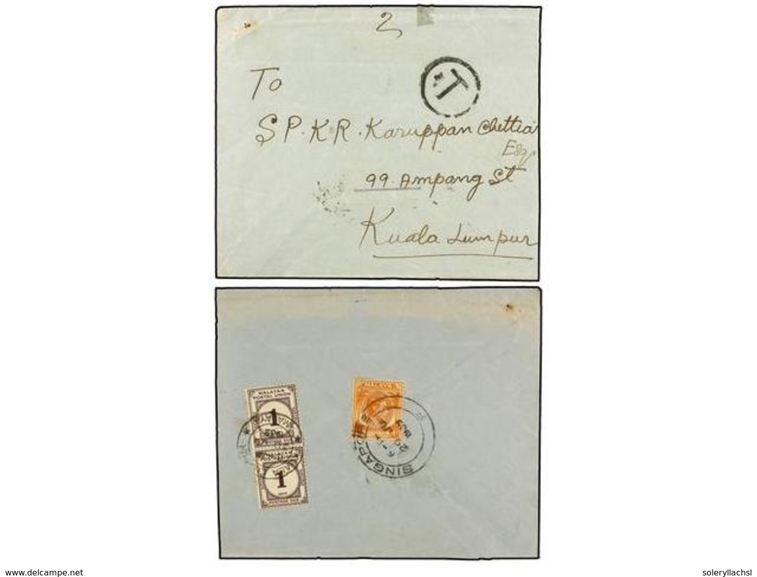 MALAYA. 1939. SINGAPORE To KUALA LUMPUR. Envelope Franked  4 Cent.  Orange Stamp, Taxed On Arrival With Two M.P.U.  1 Ce - Andere & Zonder Classificatie