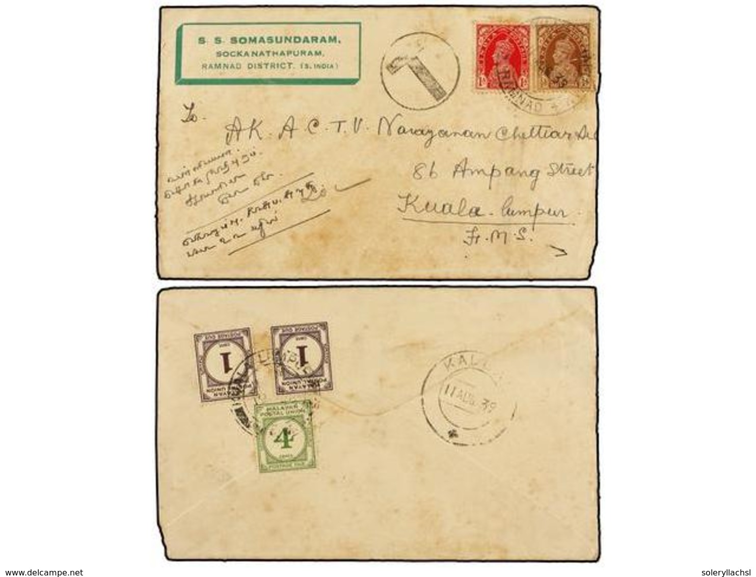 MALAYA. 1939. RAMNAD To KUALA LUMPUR (Selangor, Malaya). Envelope Franked With  1/2 Anna  Brown And  1 Anna  Red Stamps, - Altri & Non Classificati