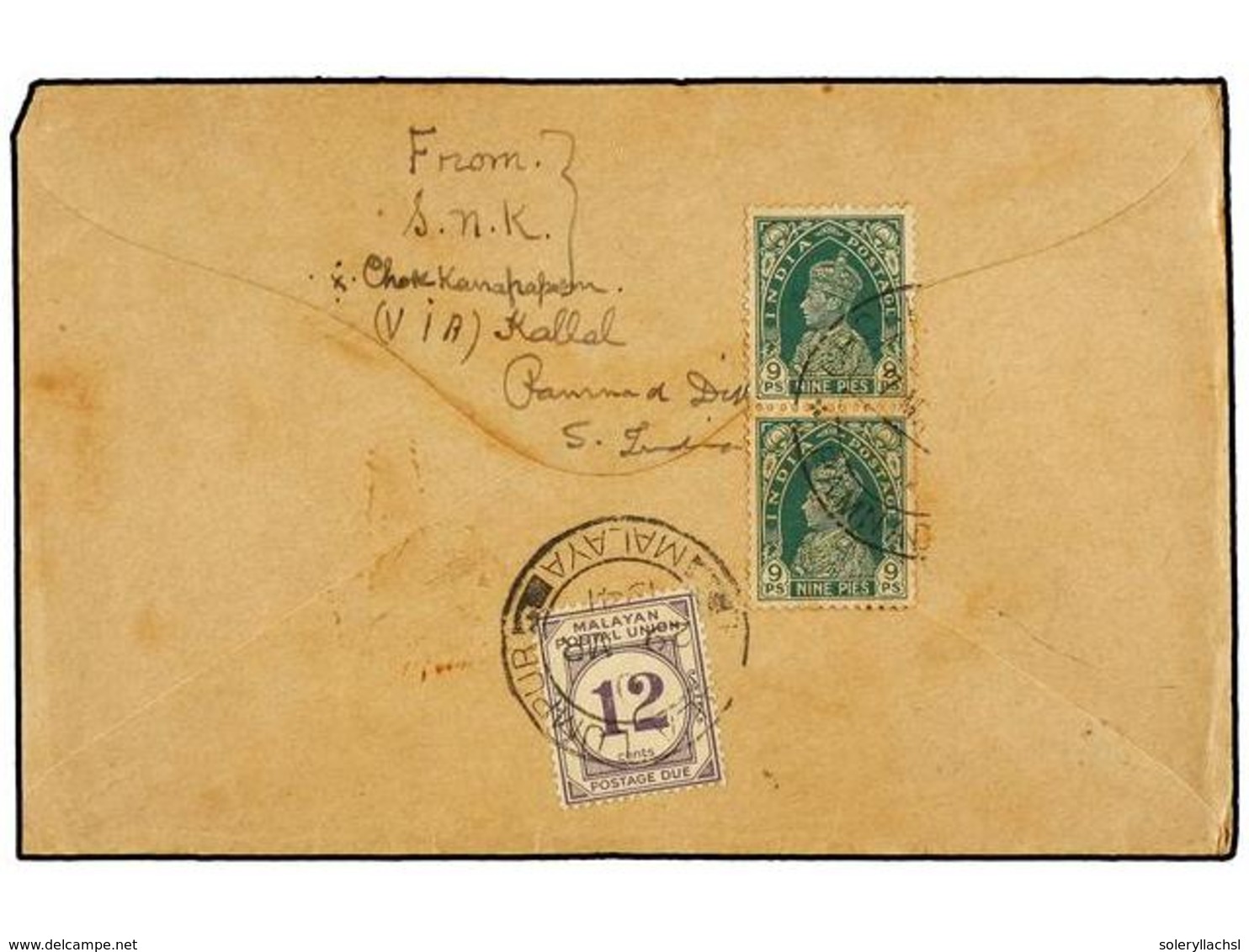 MALAYA. 1941. CHOKKLANAPAPAM To KUALA LUMPUR (Selangor, Malaya). Envelope Franked With Two  9 Pies  Green Stamps, Taxed  - Altri & Non Classificati