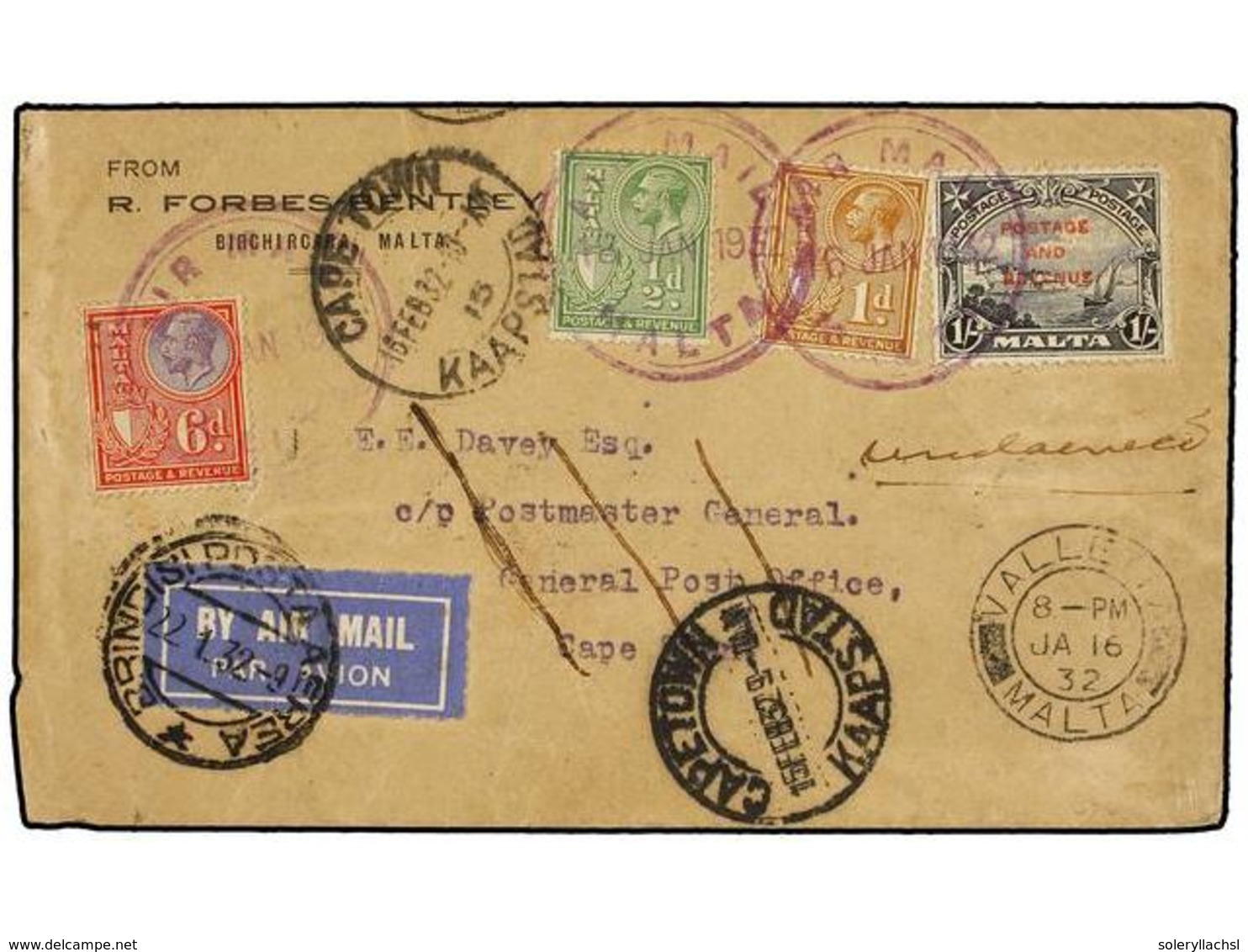 MALTA. 1932. MALTA To CAPE TOWN (Sudafrica).  AIR MAIL  Cover Franked With  1/2 D. ,  1 D., 6 D.  And  1 Sh.  Sent Via I - Autres & Non Classés