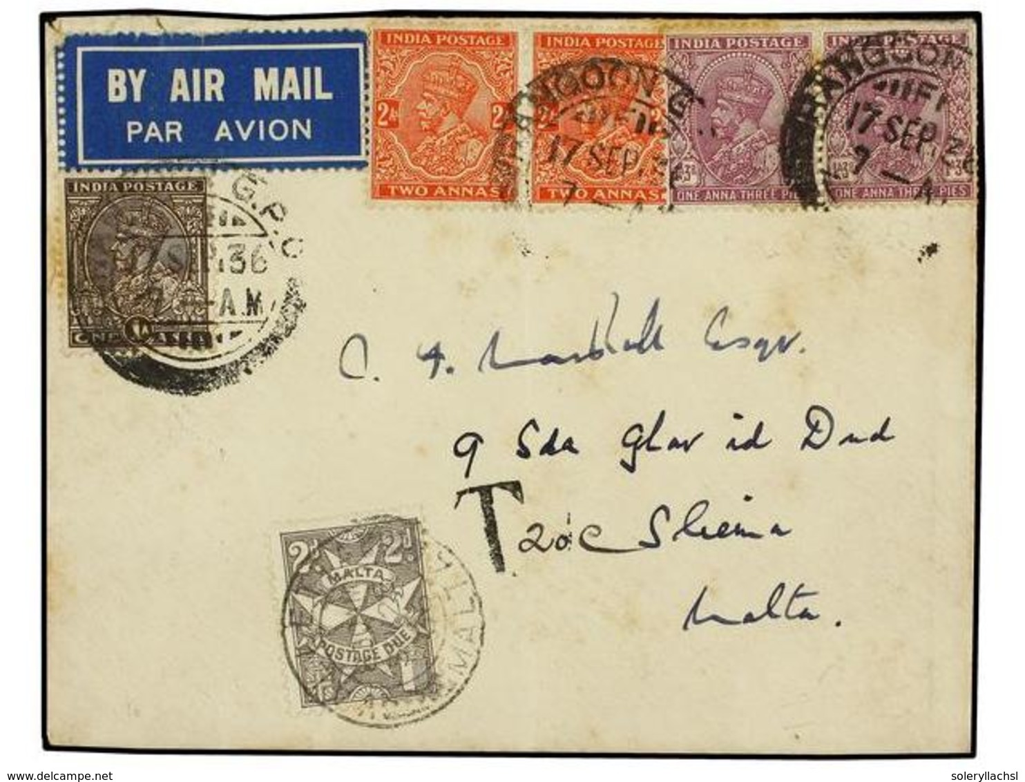 MALTA. 1936. RANGOON (Burma) To MALTA. With Indian  1 Anna, 2 Annas  (2) And  1 An. 3 Pi.  (2), Taxed On Arrival With Ma - Andere & Zonder Classificatie