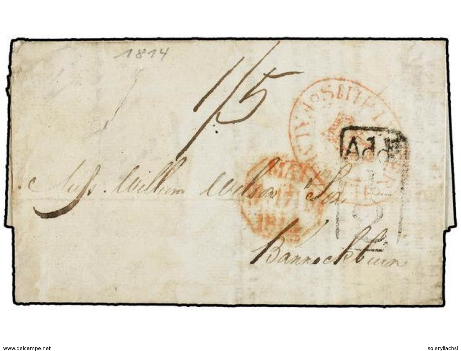 GIBRALTAR. 1814. GIBRALTAR To GREAT BRITAIN. Entire Letter With Oval  SHIP LETTER FALMOUTH  And Black  ADD/1/2,  Rated ' - Autres & Non Classés