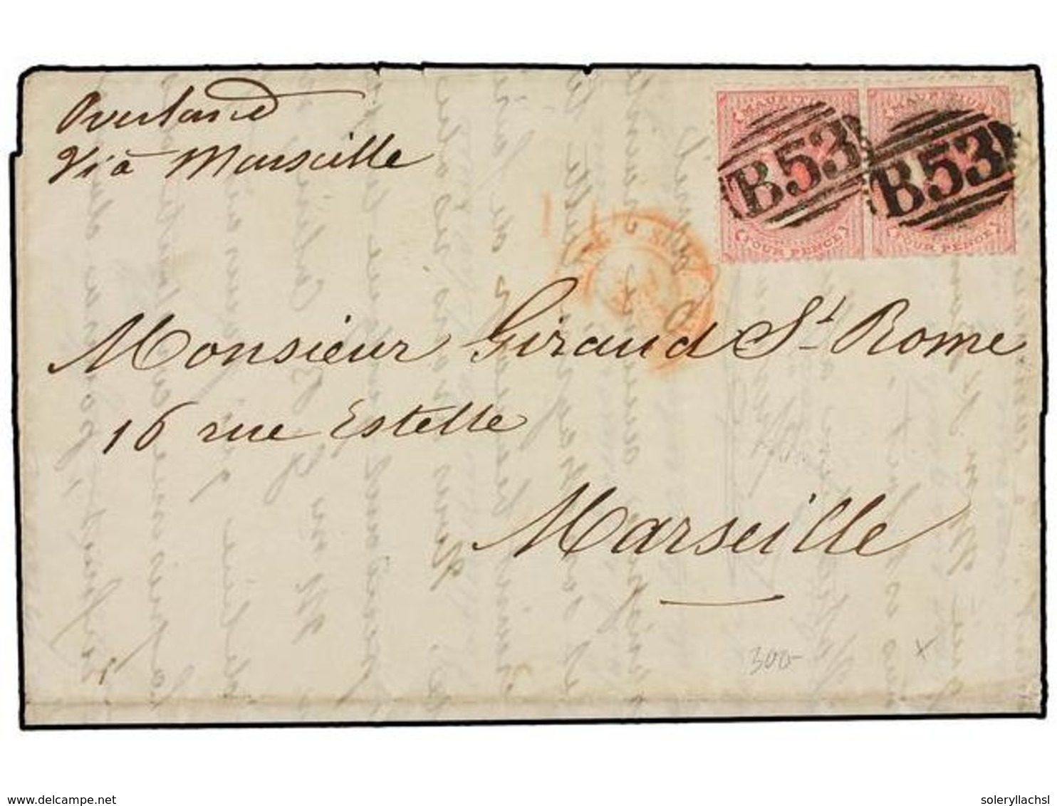 MAURICIO. Sg.62 (2). 1865. MAURITIUS To FRANCE.  4 D.  Rose (2) Tied By Grill  B53.  FINE. - Altri & Non Classificati