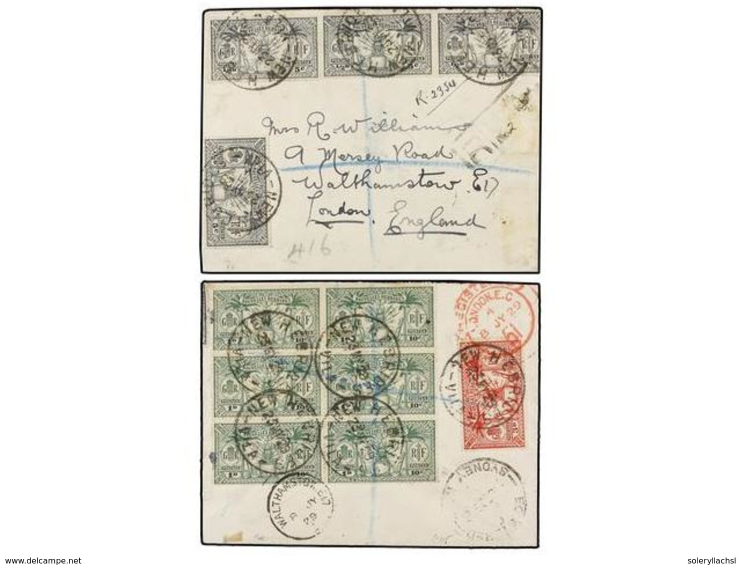 NUEVAS HEBRIDAS. 1929.  VILA.  NEW HEBRIDAS To LONDON.  1/2 D.  Grey (4),  3 D.  Red And  1 D.  Green Black Of Six, Fran - Sonstige & Ohne Zuordnung