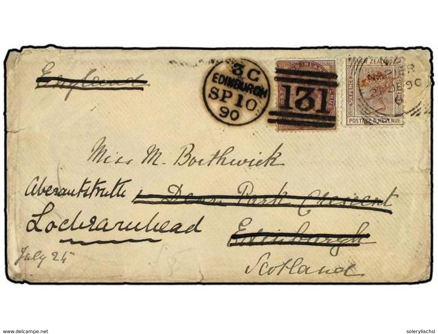 NUEVA ZELANDA. 1890 (July 21). Cover To SCOTLAND Bearing 1882  6 D.  Brown Tied  NAPIER  Squared Circle Datestamp And Us - Sonstige & Ohne Zuordnung