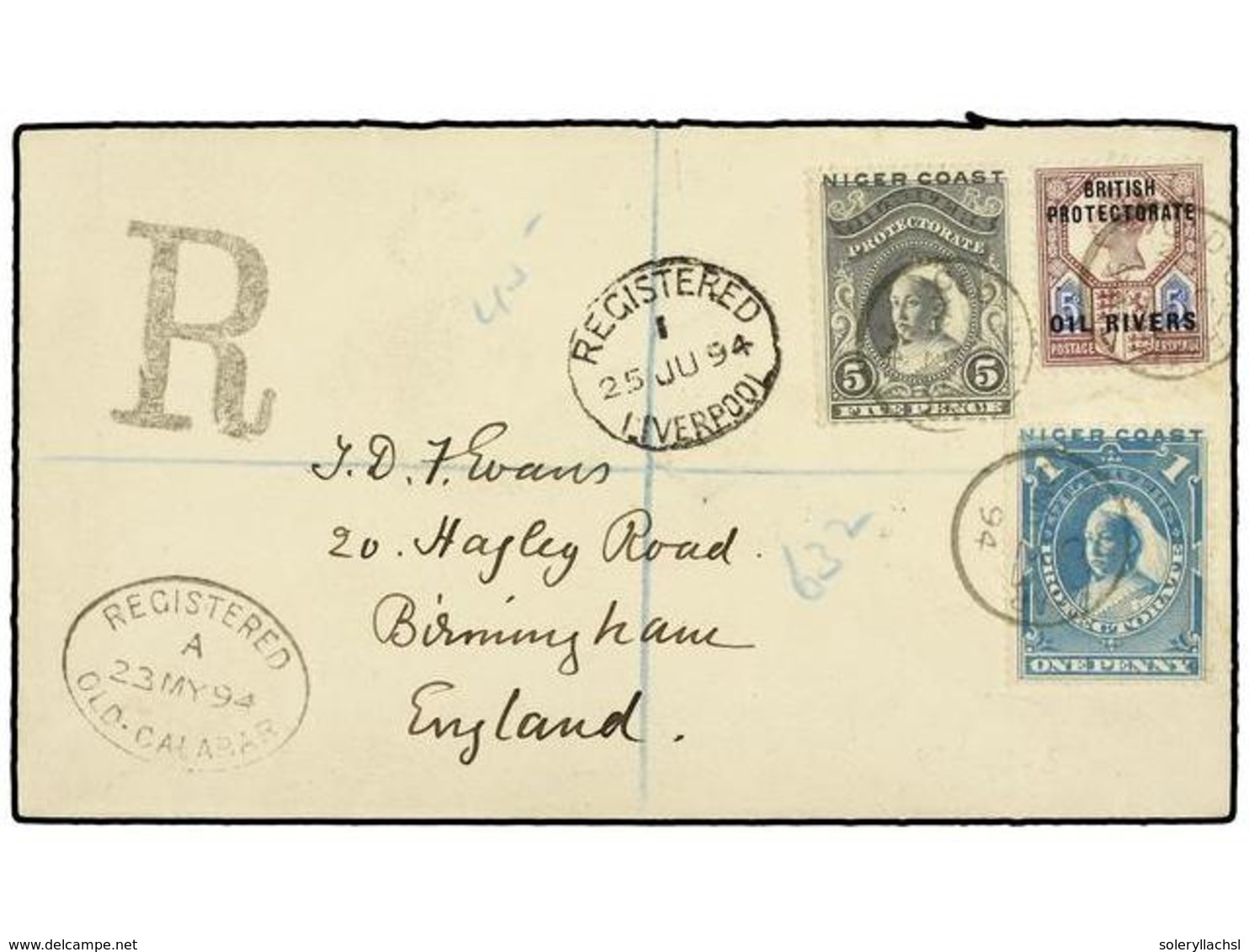 NIGERIA. 1894 (23 May). Envelope Registered To BIRMINGHAM, Bearing 1892  5 D.  Dull Purple And Blue And 1894 (Jan.)  1 D - Other & Unclassified