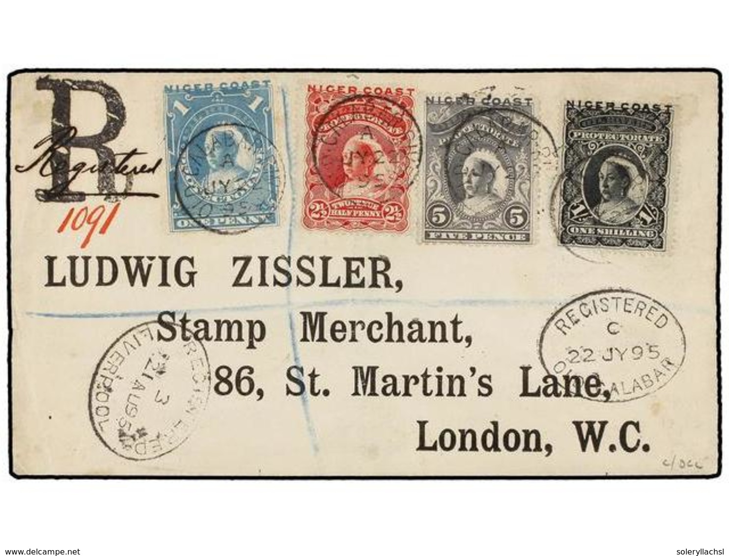 NIGERIA. Sg.46, 48, 49, 50. 1895 (July 22). Registered Cover To LONDON Franked By 1894  1d.  Pale Blue,  2½d.  Carmine-l - Sonstige & Ohne Zuordnung