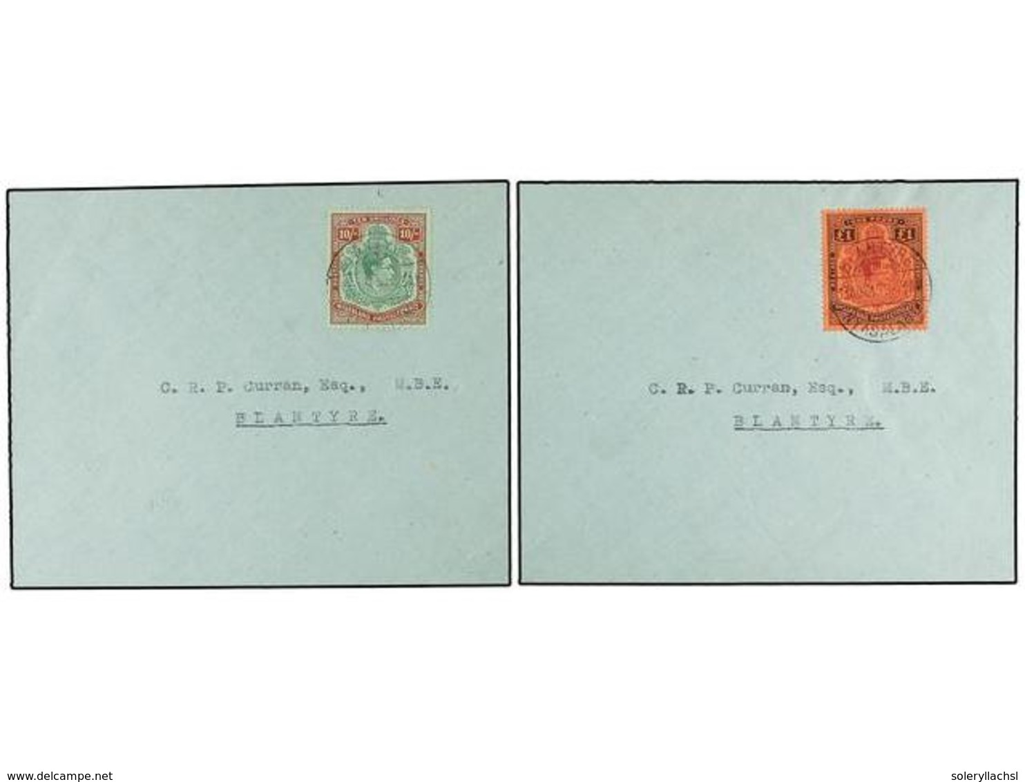 NYASSALAND. Sg.142, 143. 1945. Two Covers.  10 Shillings  And  1 Pound.  Not Circulated. - Autres & Non Classés