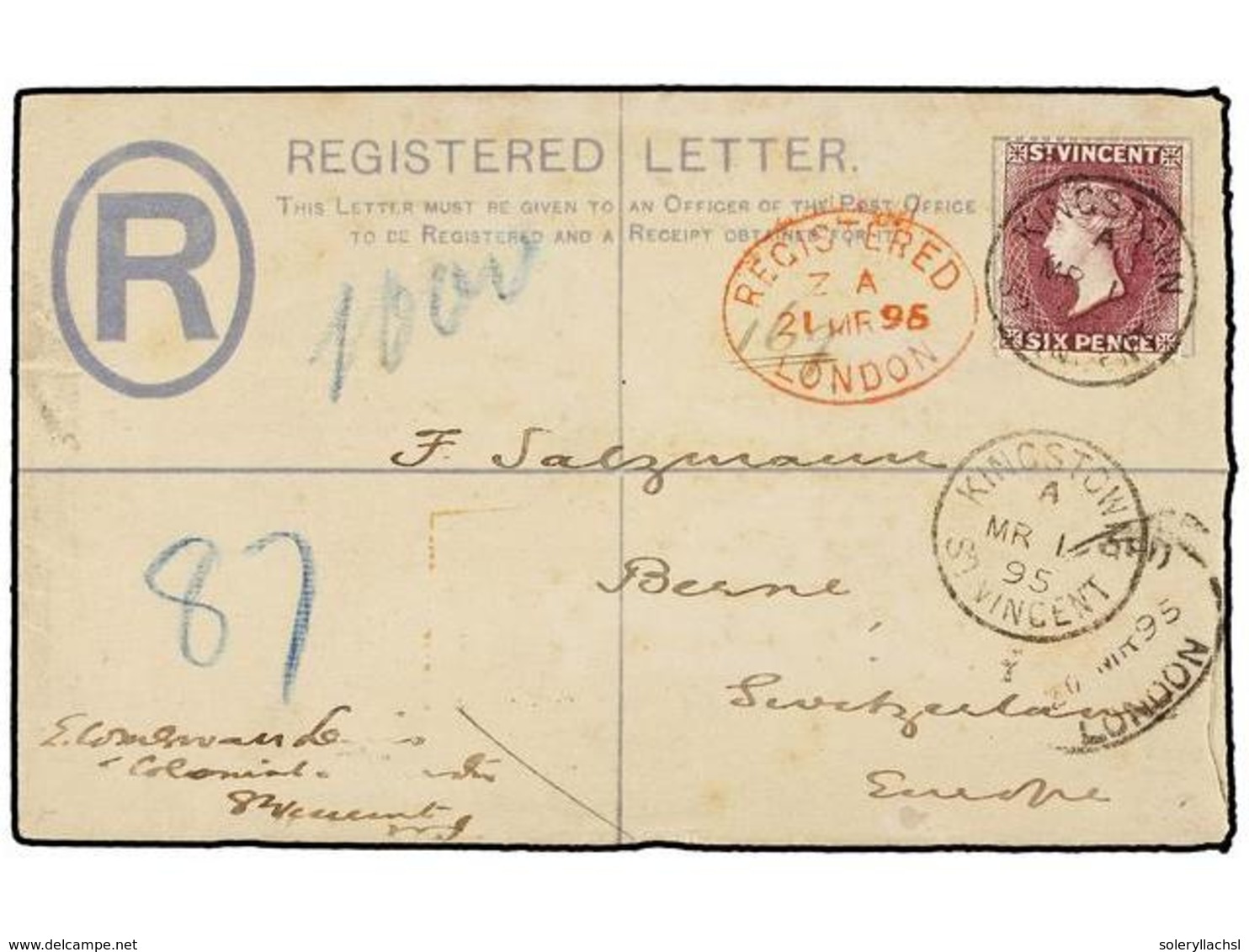 SAN VICENTE. 1895. KINGSTOWN To SWITZERLAND.  2 D.  Grey Registered Envelope Uprated With  6 D.  Purple, Arrival On Reve - Other & Unclassified