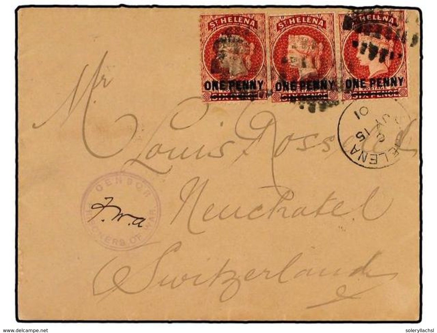 SANTA HELENA. 1901. Cover Used To SWITZERLAND Bearing  1 D.  Ovpt X3 Cancelled By The Large Dots Hs Supported By The  ST - Autres & Non Classés