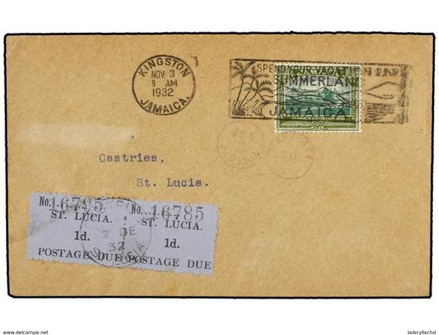 SANTA LUCIA. 1932. KINGTON (Jamaica) To ST. LUCIA.  1/2 D.  Green Taxed With St. Lucia  1 D.  Black On Blue (2) Postage  - Autres & Non Classés