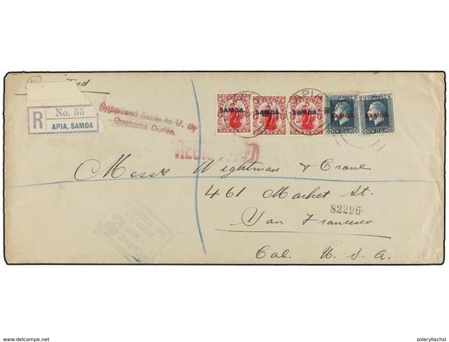 SAMOA. Sg.116 (3), 118 (2). 1917. APIA To USA. Large Commercial Envelope Franked With  1 D.  Red (3) And  2 1/2 D.  Blue - Andere & Zonder Classificatie