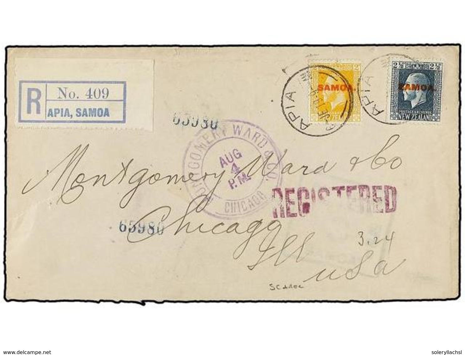 SAMOA. Sg.137, 139. 1919. APIA To U.S.A.  2 D.  Yellow And  2 1/2 D.  Blue On Registered Cover, Arrival On Reverse, Cens - Altri & Non Classificati