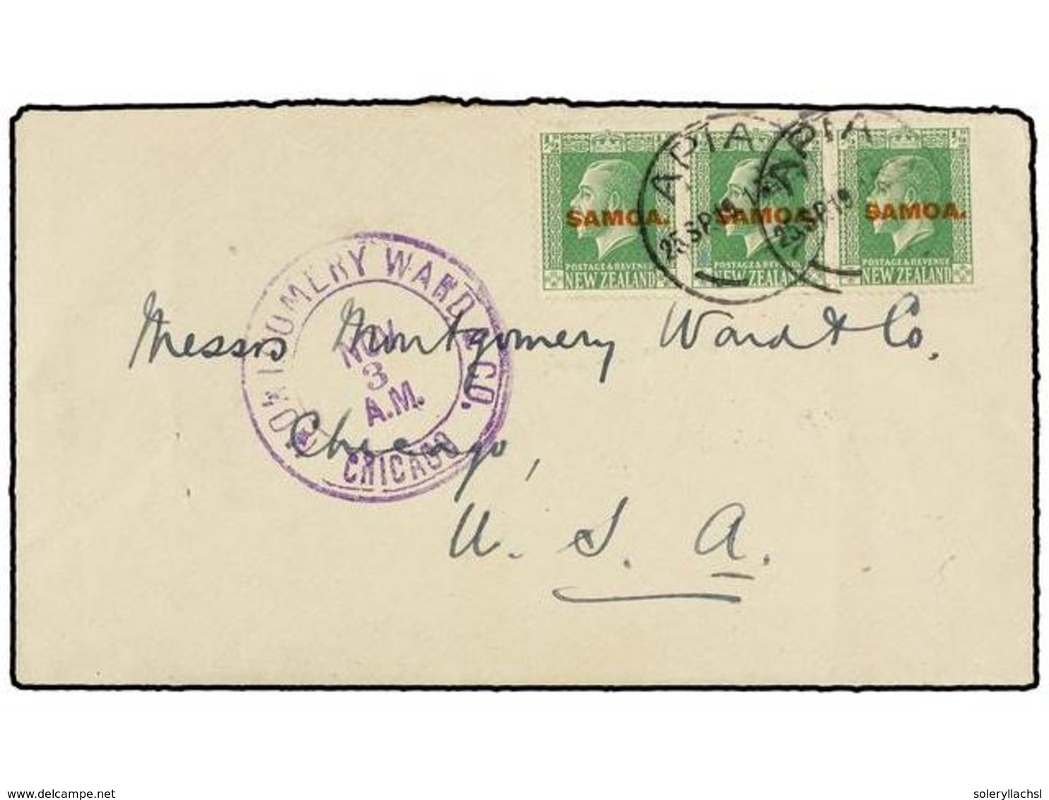 SAMOA. Sg.134 (3). 1919. APIA To U.S.A. Envelope Franked With Three  1/2 D.  Green. - Altri & Non Classificati