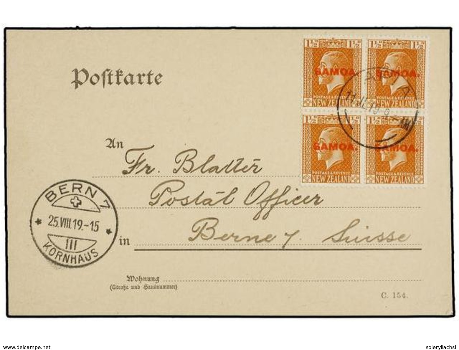 SAMOA. Sg.136 (4). 1919. APIA To SWITZERLAND. Postcard Franked With Block Of Four  1 1/2 D.  Orange Brown. - Altri & Non Classificati