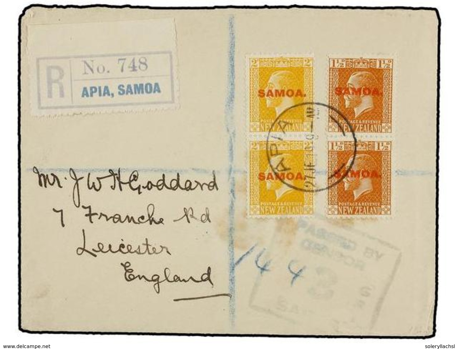 SAMOA. 1919. APIA To ENGLAND.  1 1/2 D.  (2) Orange Brown And  2 D.  (2) Yellow On Registered Cover, Censored Mark, Arri - Altri & Non Classificati